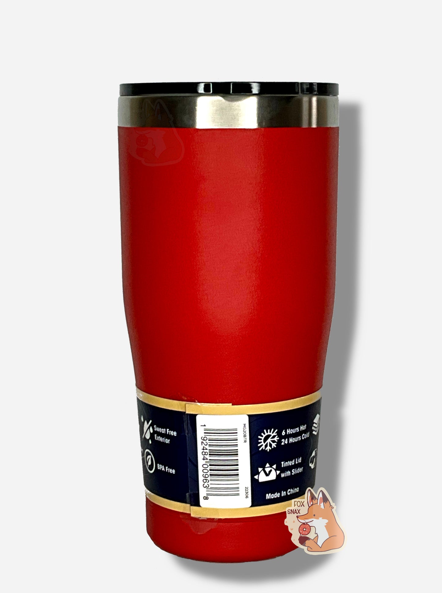 A picture of the back of a tall, red tumbler. The surface is smooth and red, as it is red paint covering stainless steel. The handle and top are plastic. The top of the mug is lined with a stainless steel band. A paper wrapper around the bottom has a diagram that reads 20 oz, next to the barcode.