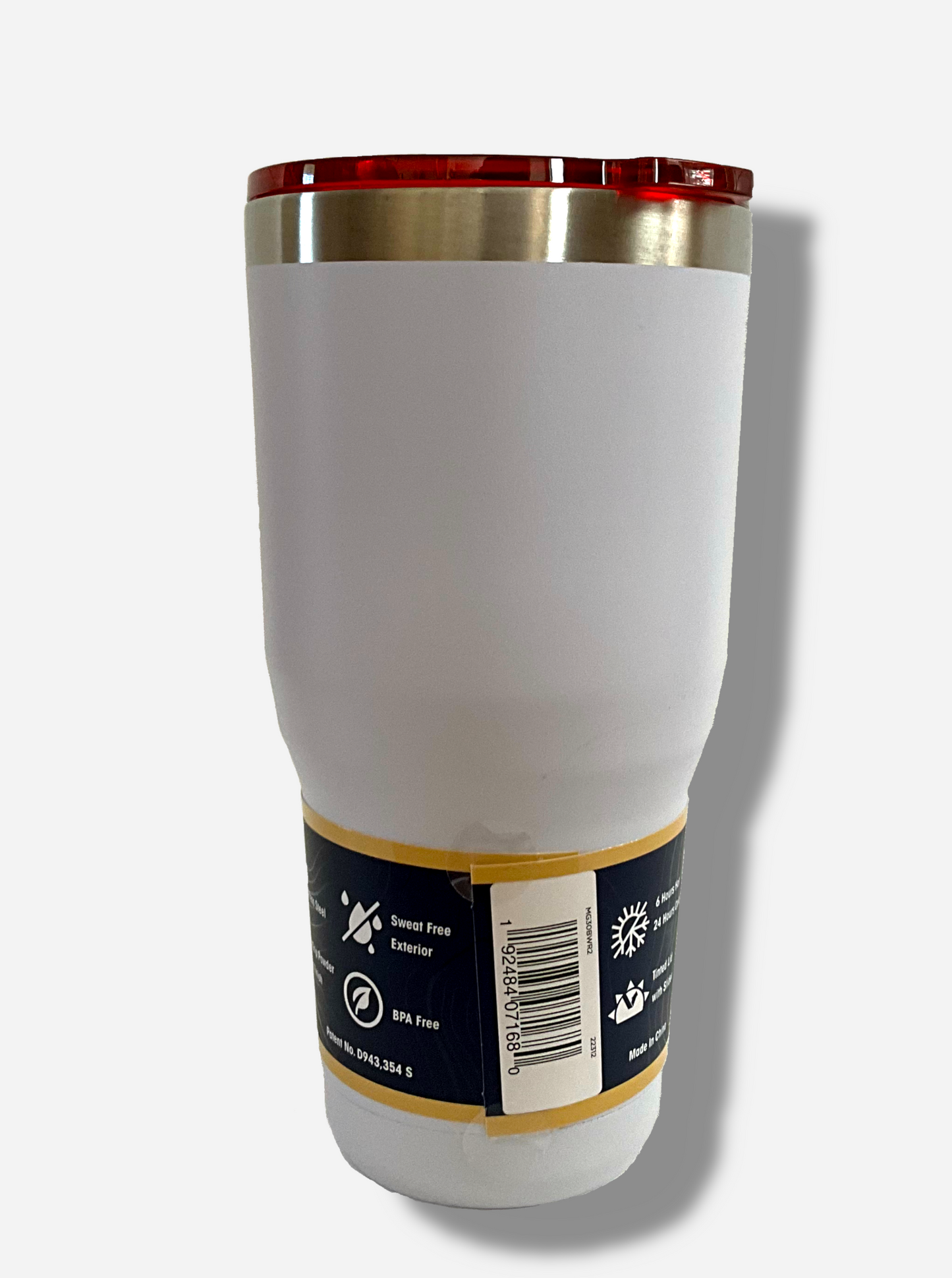 A picture of the back of a tall, white tumbler. The surface is smooth and white, as it is white paint covering stainless steel. The top is red plastic. The top of the mug is lined with a stainless steel band. A paper wrapper around the bottom has a diagram that reads 30 oz, next to the barcode.