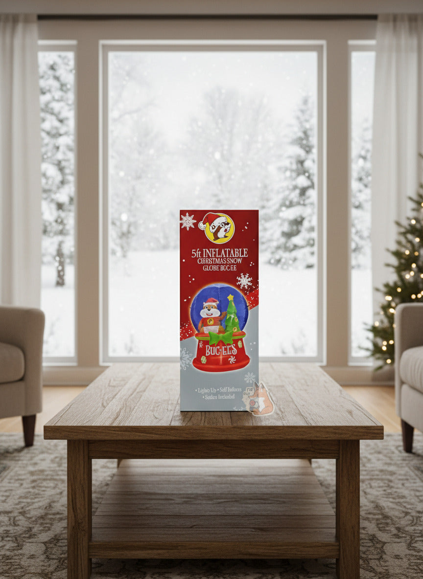 Side view of the 5 Foot Inflatable Buc-ee Beaver Snow Globe on a wooden table with a snowy outdoor view.