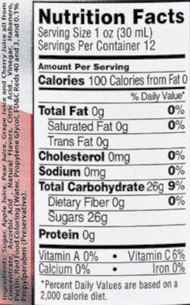 A closeup of the back of a bottle of Texas Pepper Jelly's Apple Cherry Habanero Rib Candy. Nutrition facts are listed, and ingredients.