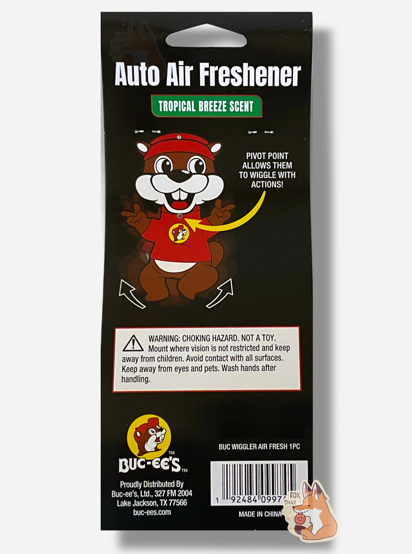 The back of a black package of Buc-ee's Auto Air Freshener, Tropical Breeze Scent, with a picture of Buc-ee The Beaver, with yellow arrows indicating his arms and legs wiggle. Contains: 1 Air Freshener