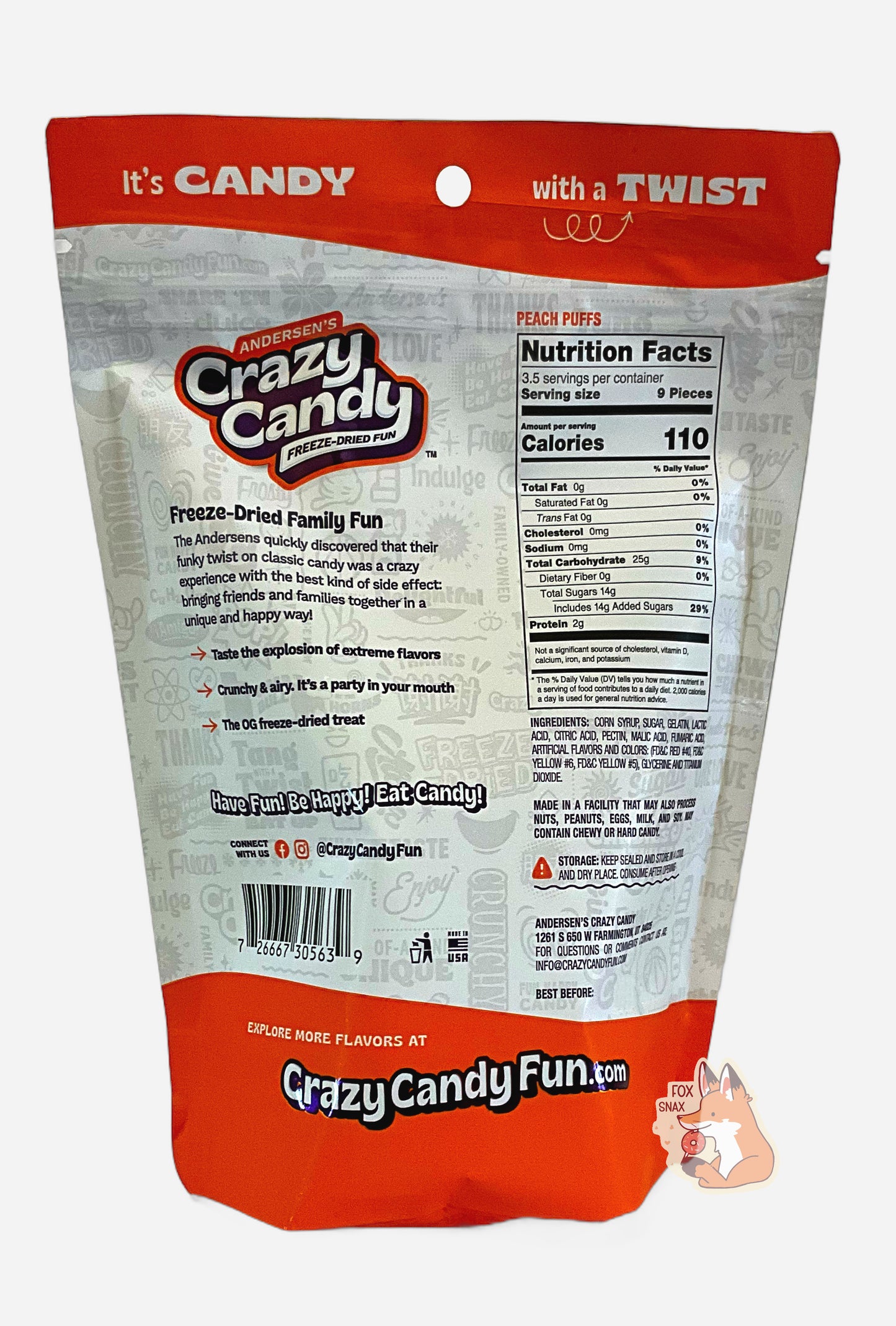 The back of a large bag of Andersen's Crazy Candy Peach Puffs. The bag reads: Freeze Dried Family Fun. The Andersens quickly discovered that their funky twist on classic candy was a crazy experience with the best kind of side effect: bringing friends and families together in a unique and happy way!