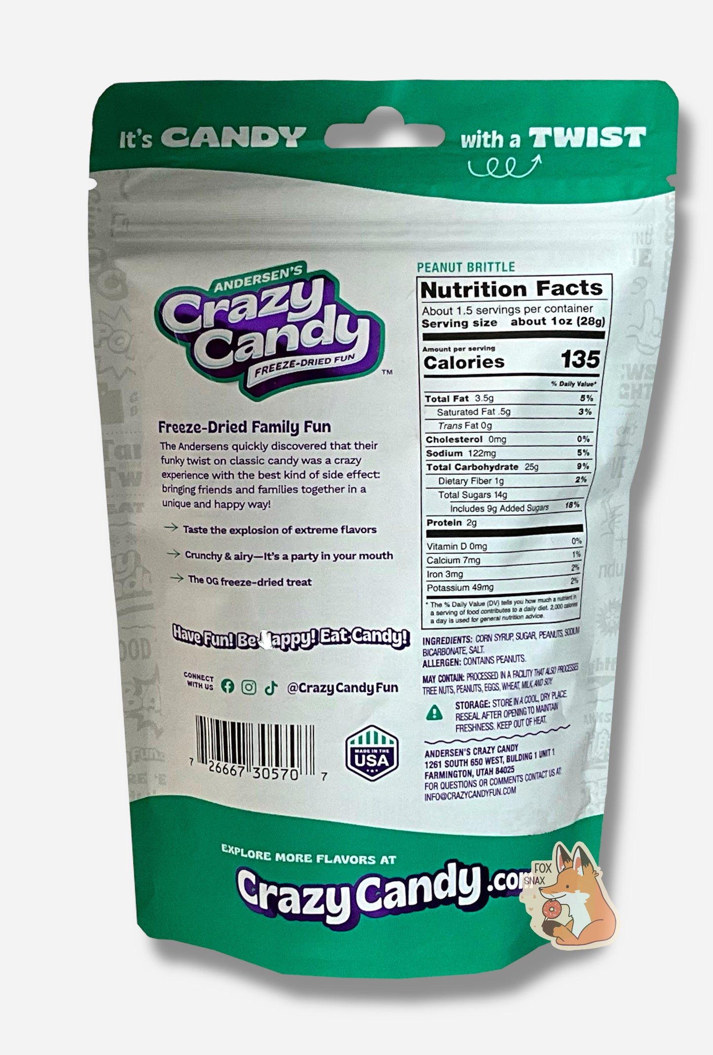 The back of a large bag of Andersen's Crazy Candy Peanut Brittle. The bag reads: Freeze Dried Family Fun. The Andersens quickly discovered that their funky twist on classic candy was a crazy experience with the best kind of side effect: bringing friends and families together in a unique and happy way!