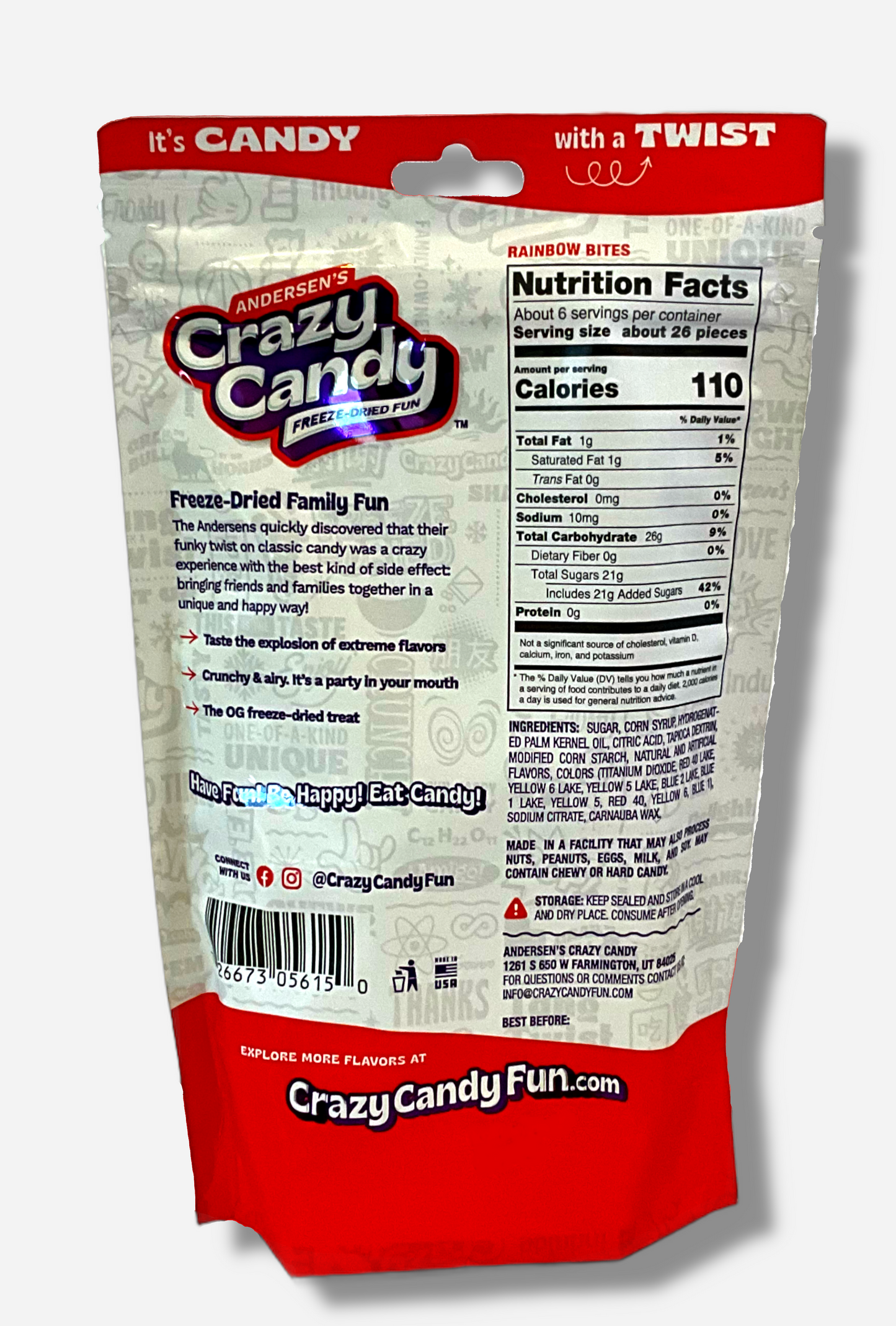 The back of a large bag of Andersen's Crazy Candy Rainbow Bites. The bag reads: Freeze Dried Family Fun. The Andersens quickly discovered that their funky twist on classic candy was a crazy experience with the best kind of side effect: bringing friends and families together in a unique and happy way!