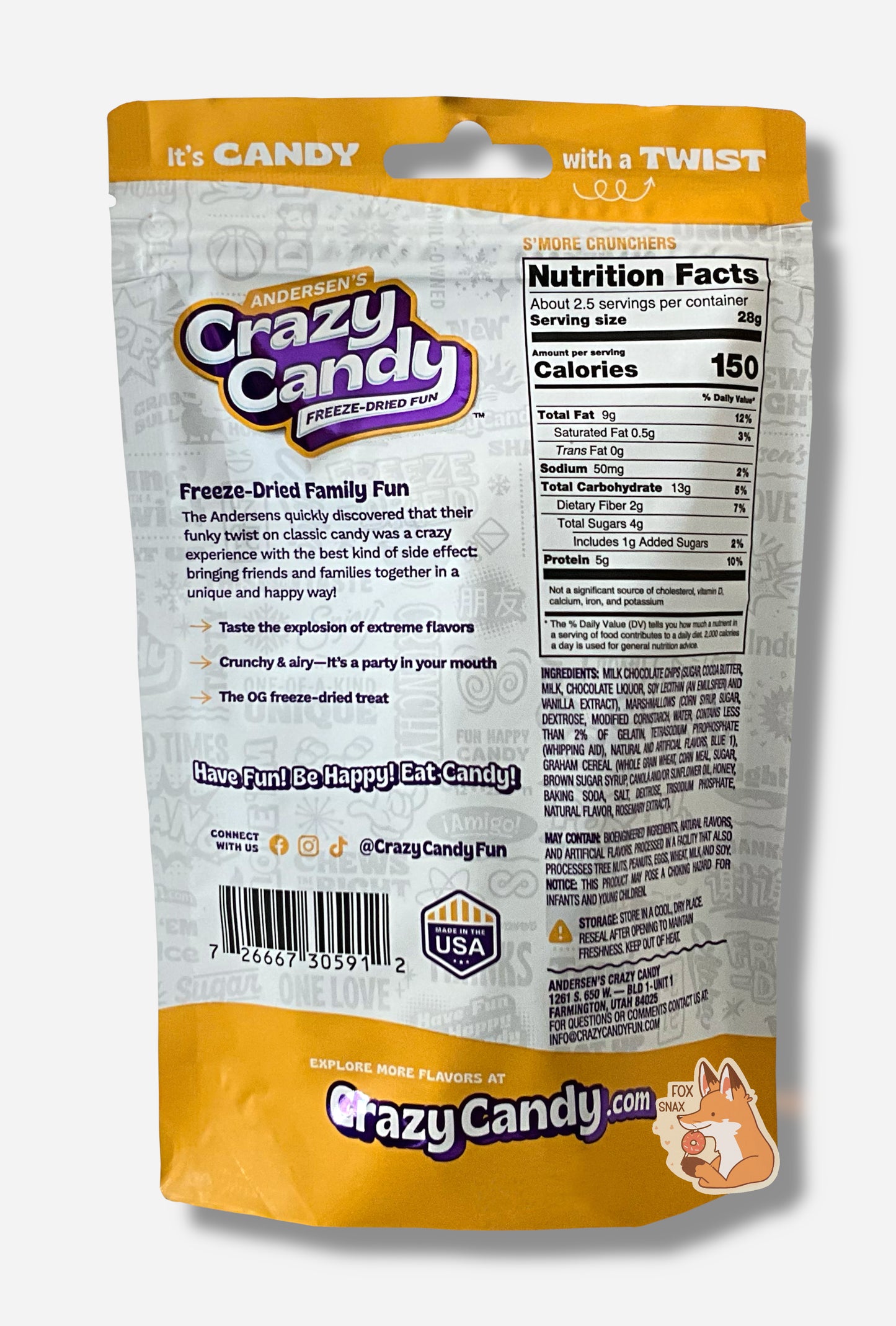 The back of a large bag of Andersen's Crazy Candy S'more Crunchers. The bag reads: Freeze Dried Family Fun. The Andersens quickly discovered that their funky twist on classic candy was a crazy experience with the best kind of side effect: bringing friends and families together in a unique and happy way!