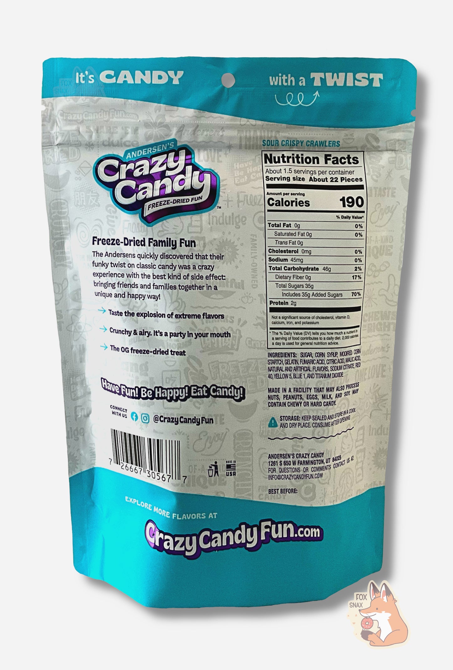The back of a large bag of Andersen's Crazy Candy Sour Crispy Crawlers. The bag reads: Freeze Dried Family Fun. The Andersens quickly discovered that their funky twist on classic candy was a crazy experience with the best kind of side effect: bringing friends and families together in a unique and happy way!
