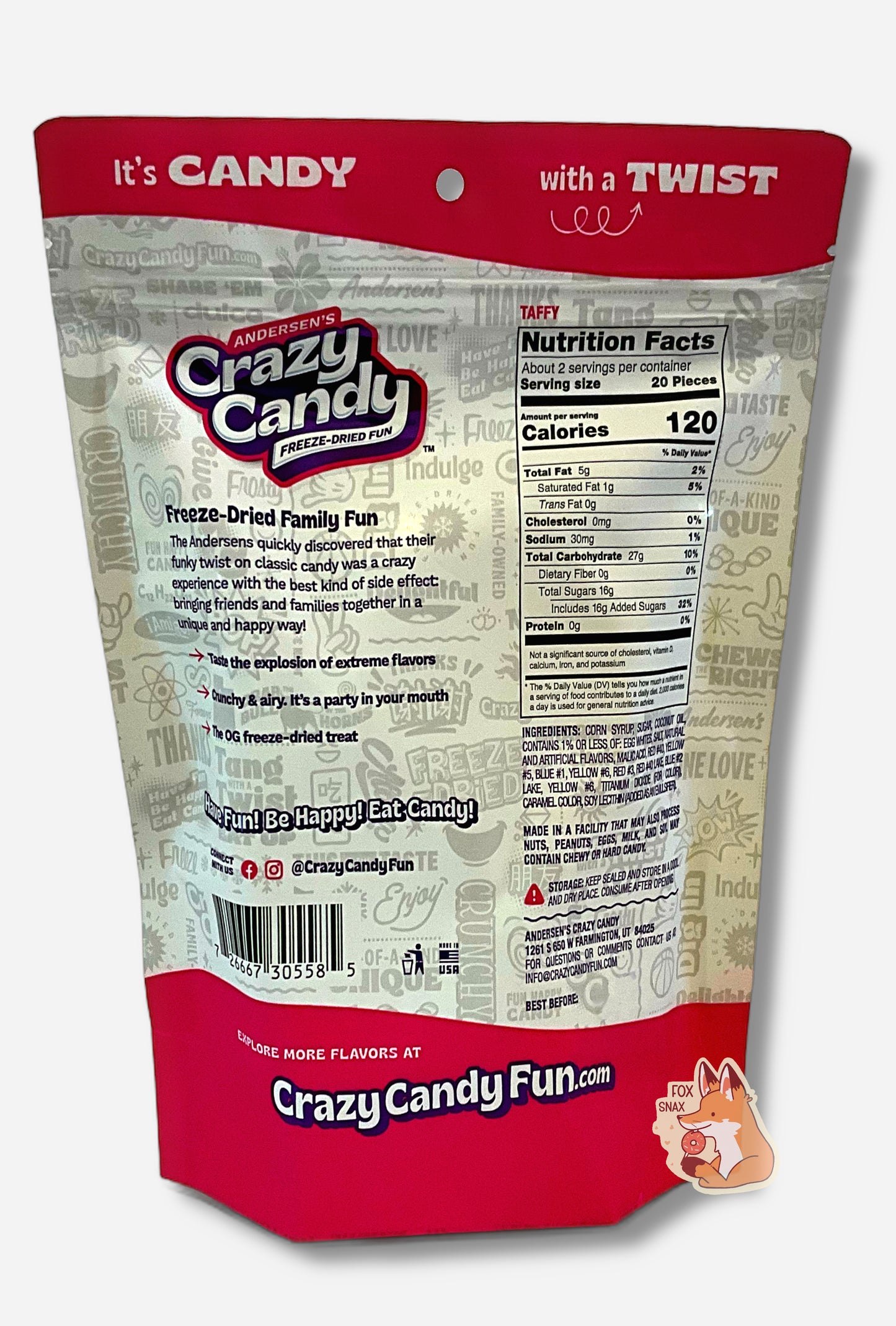 The back of a large bag of Andersen's Crazy Candy Taffy. The bag reads: Freeze Dried Family Fun. The Andersens quickly discovered that their funky twist on classic candy was a crazy experience with the best kind of side effect: bringing friends and families together in a unique and happy way!
