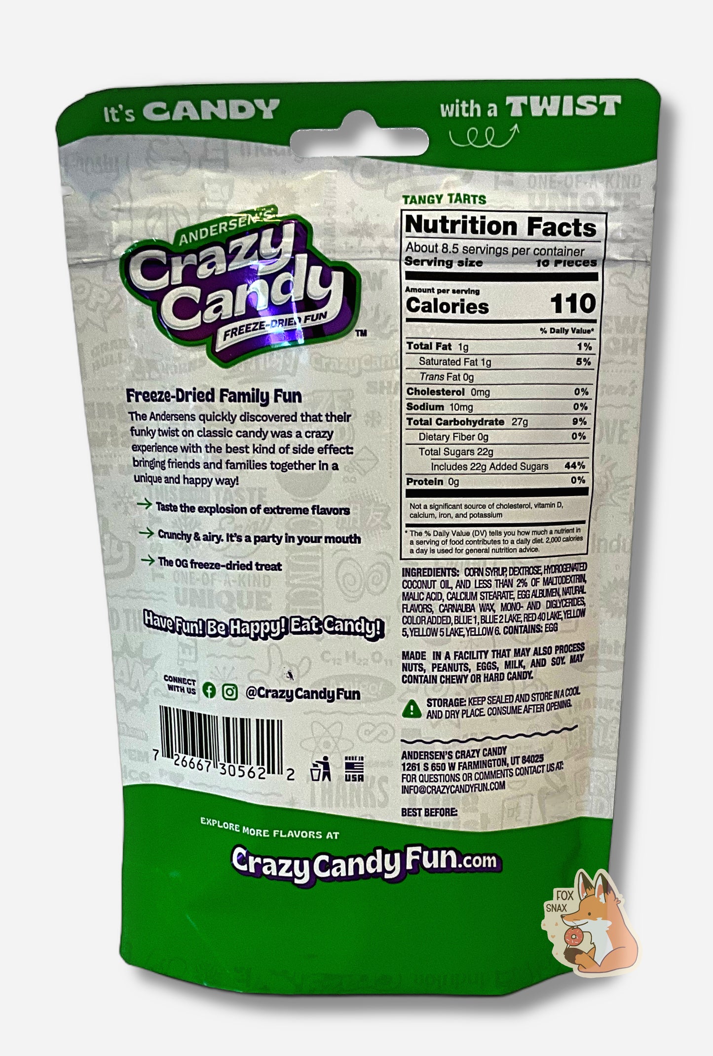 The back of a large bag of Andersen's Crazy Candy Tangy Tarts. The bag reads: Freeze Dried Family Fun. The Andersens quickly discovered that their funky twist on classic candy was a crazy experience with the best kind of side effect: bringing friends and families together in a unique and happy way!