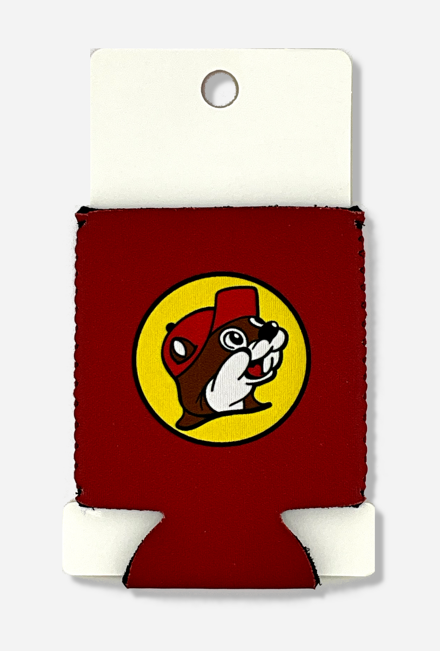 A picture of a foam and cloth red Beverage Insulator, wrapped around a white piece of cardboard. The back of the red insulator is the same as the front, and has a picture of Buc-ee The Beaver on it, sillhoutted against a yellow circle with a black outline.