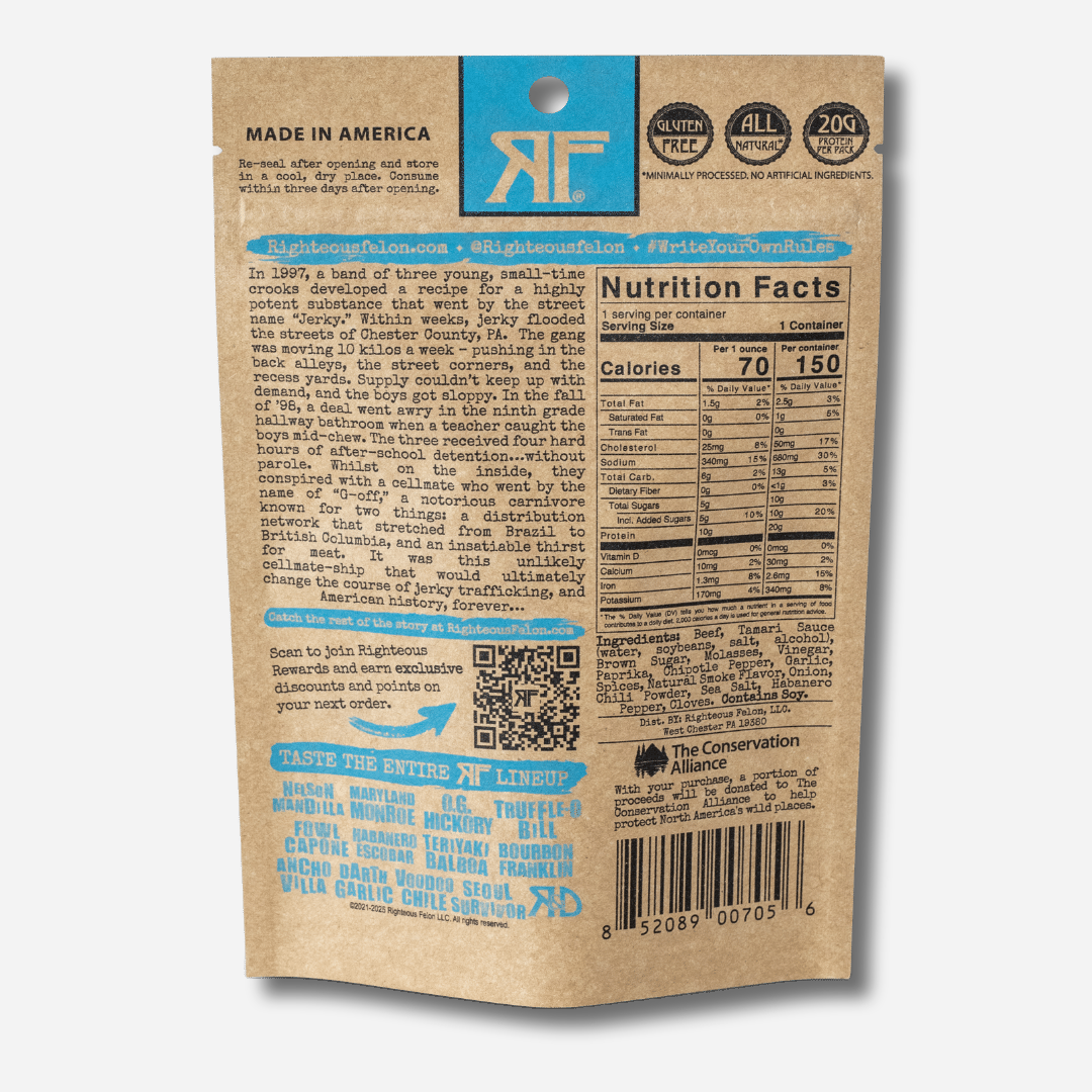 A picture of the back of a kraft paper bag of Righteous Felon Bootleggin' BBQ Beef Jerky. Gluten Free, All Natural, and 20g Protein per Pack badges are at the top. The Righteous Felon origin story and a QR code for Righteous Rewards are on the left; nutrition facts and ingredients are on the right, above a note about The Conservation Alliance and the barcode.