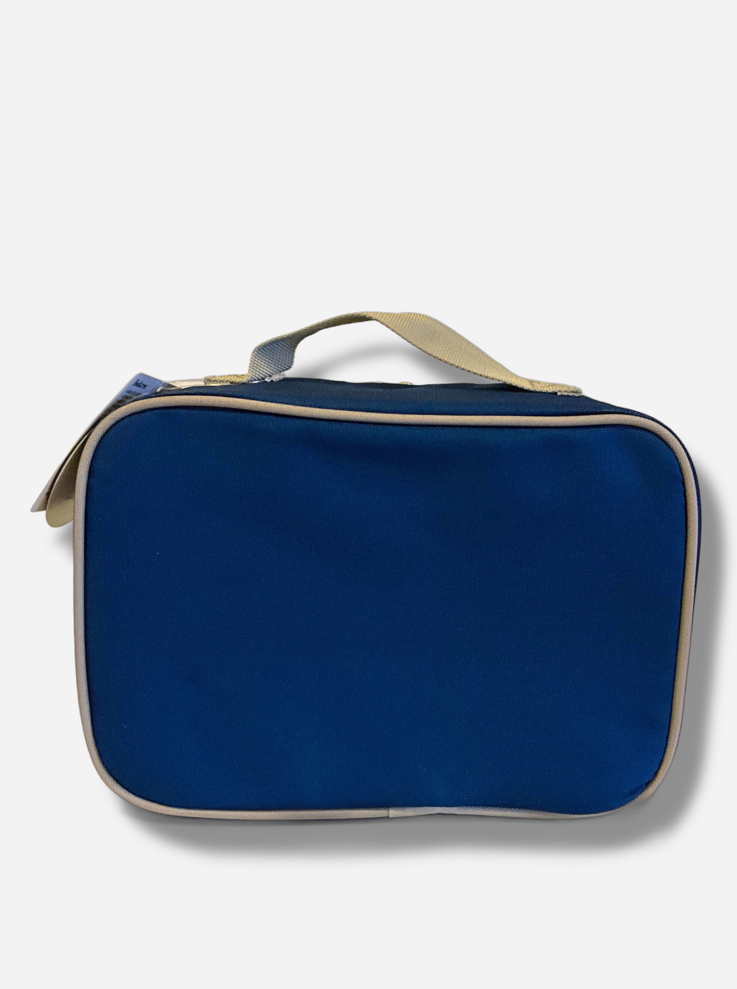 A picture of a the back of a children's lunch box cooler. The outer surface is made of blue polyester, and has a small grey handle on it. The trim is also grey.