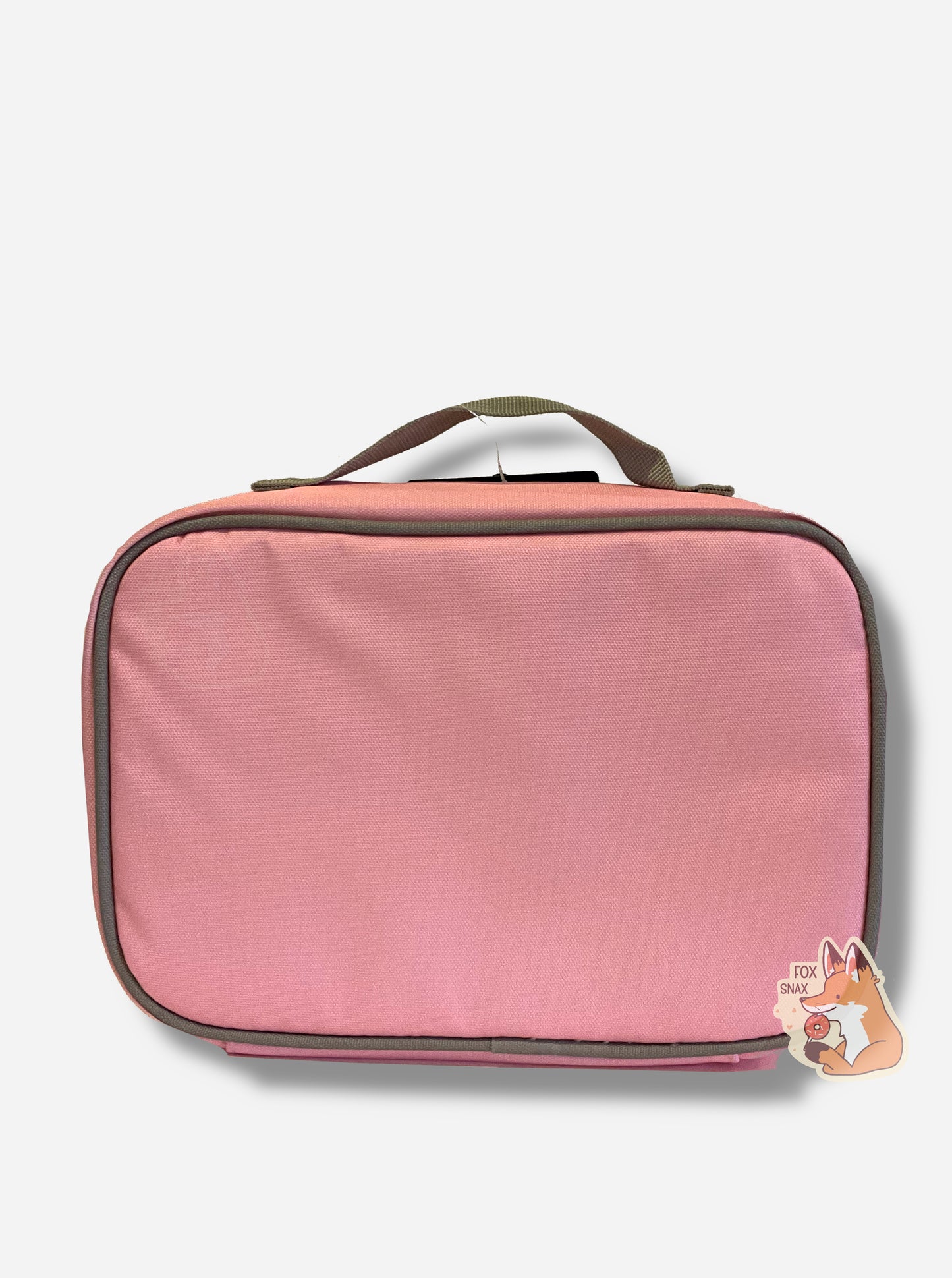 A picture of a the back of a children's lunch box cooler. The outer surface is made of pink polyester, and has a small grey handle on it. The trim is also grey.