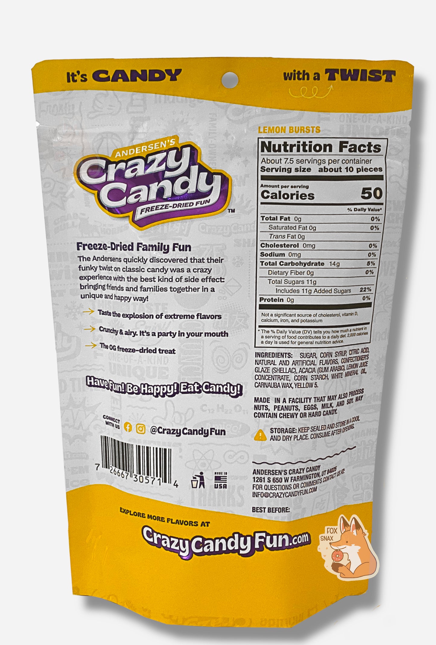 The back of a large bag of Andersen's Crazy Candy Lemon Bursts. The bag reads: Freeze Dried Family Fun. The Andersens quickly discovered that their funky twist on classic candy was a crazy experience with the best kind of side effect: bringing friends and families together in a unique and happy way!