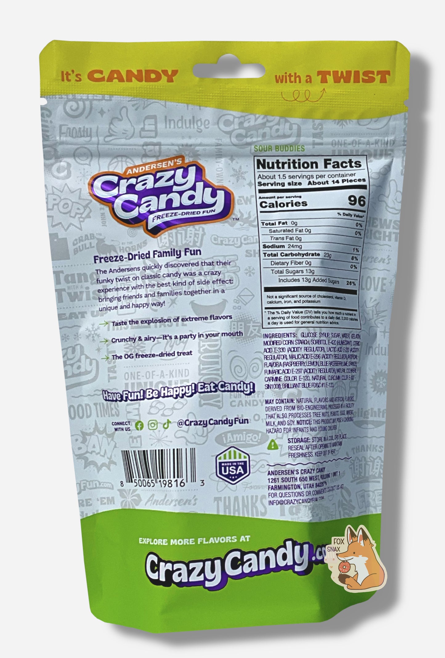 The back of a large bag of Andersen's Crazy Candy Sour Buddies. The bag reads: Freeze Dried Family Fun. The Andersens quickly discovered that their funky twist on classic candy was a crazy experience with the best kind of side effect: bringing friends and families together in a unique and happy way!