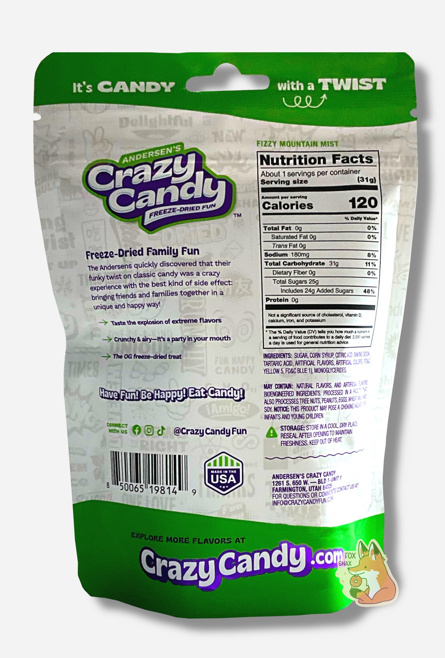 The back of a large bag of Andersen's Crazy Candy Fizzy Mountain Mist. The bag reads: Freeze Dried Family Fun. The Andersens quickly discovered that their funky twist on classic candy was a crazy experience with the best kind of side effect: bringing friends and families together in a unique and happy way!
