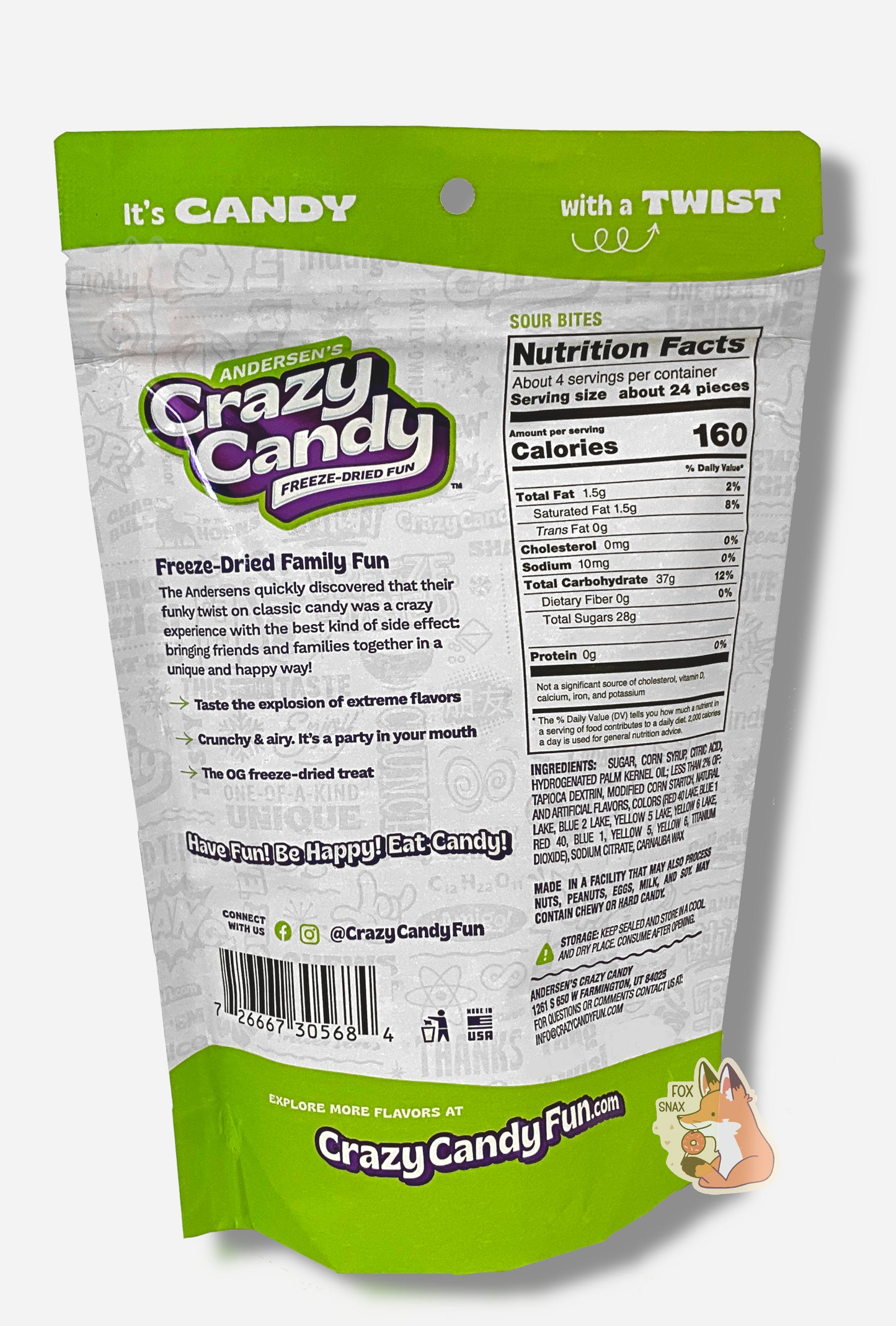 The back of a large bag of Andersen's Crazy Candy Sour Bites. The bag reads: Freeze Dried Family Fun. The Andersens quickly discovered that their funky twist on classic candy was a crazy experience with the best kind of side effect: bringing friends and families together in a unique and happy way!