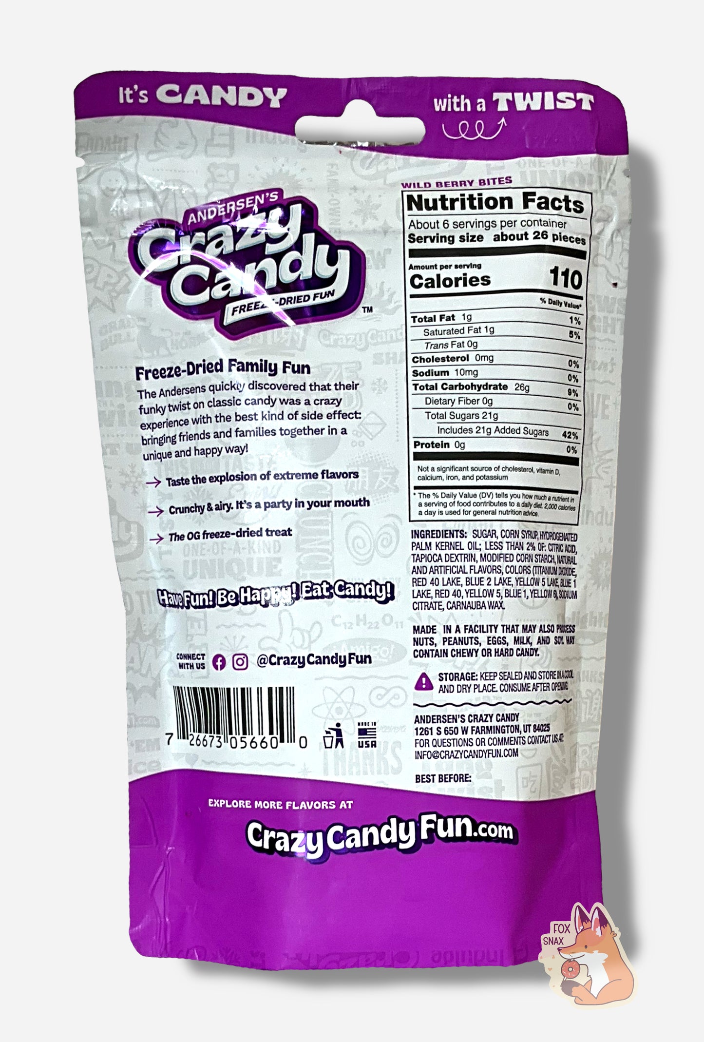 The back of a large bag of Andersen's Crazy Candy Wild Berry Bites. The bag reads: Freeze Dried Family Fun. The Andersens quickly discovered that their funky twist on classic candy was a crazy experience with the best kind of side effect: bringing friends and families together in a unique and happy way!