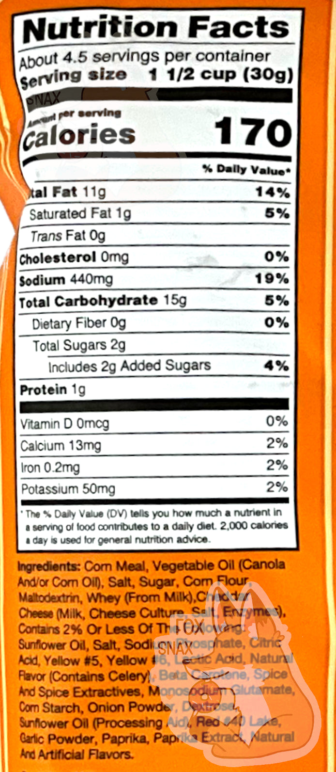 A closeup of the back of a bag of Buc-ee's Bold N' Spicy Nug-ee's. Nutrition facts are listed, then ingredients.