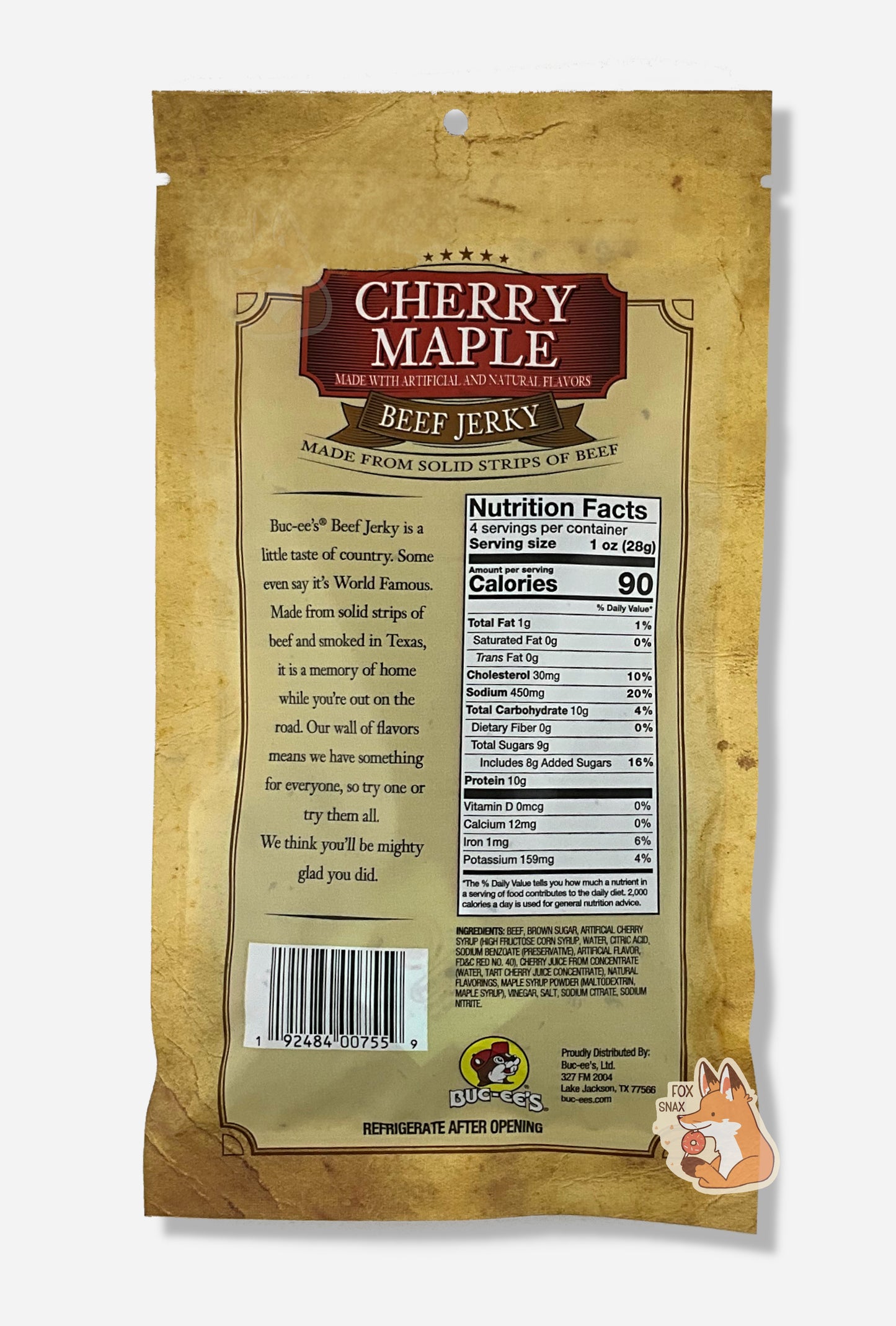 A picture of the back of a tan plastic bag of Buc-ee's Cherry Maple Beef Jerky. The label underneath reads 'Buc-ee's Beef Jerky is a little taste of country. Some even say it's World Famous. Made from solid strips of beef and smoked in Texas, it is a memory of home while you're out on the road. Our wall of flavors means we have something for everyone, so try one or try them all. We think you'll be mighty glad you did.'