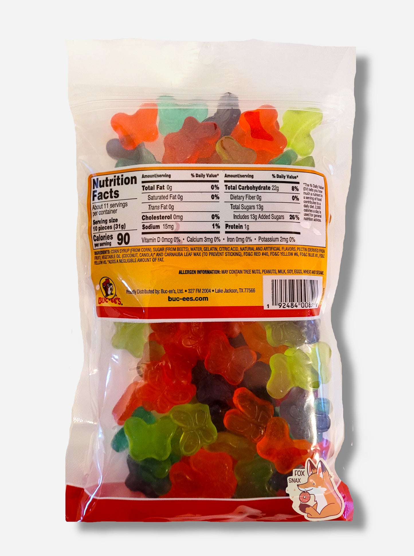 A picture of the back of a resealable bag of Buc-ee's Mini Gummi Butterflies, which are squishy gummi butterfly candies.