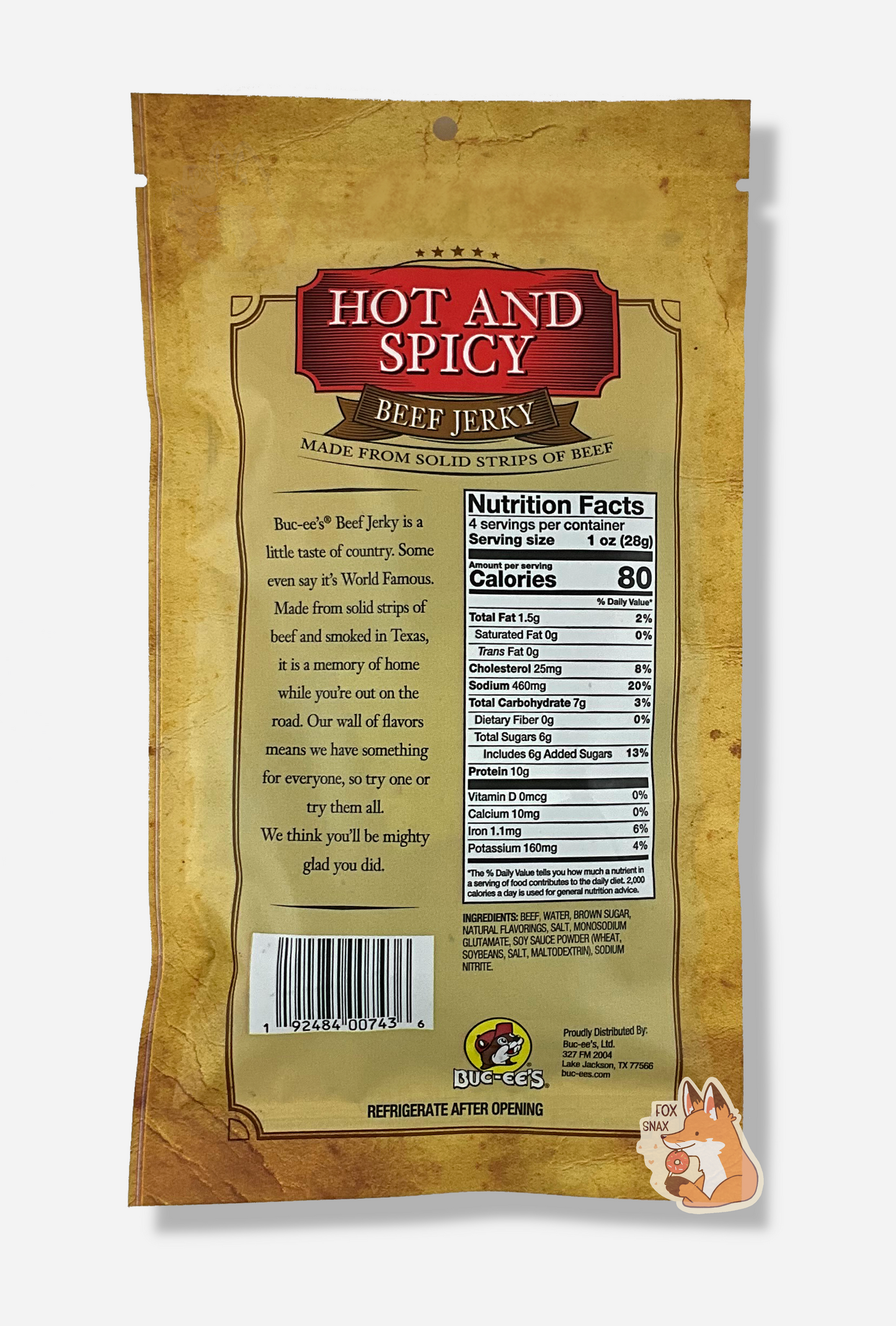 A picture of the back of a tan plastic bag of Buc-ee's Hot And Spicy Beef Jerky. The label underneath reads 'Buc-ee's Beef Jerky is a little taste of country. Some even say it's World Famous. Made from solid strips of beef and smoked in Texas, it is a memory of home while you're out on the road. Our wall of flavors means we have something for everyone, so try one or try them all. We think you'll be mighty glad you did.'