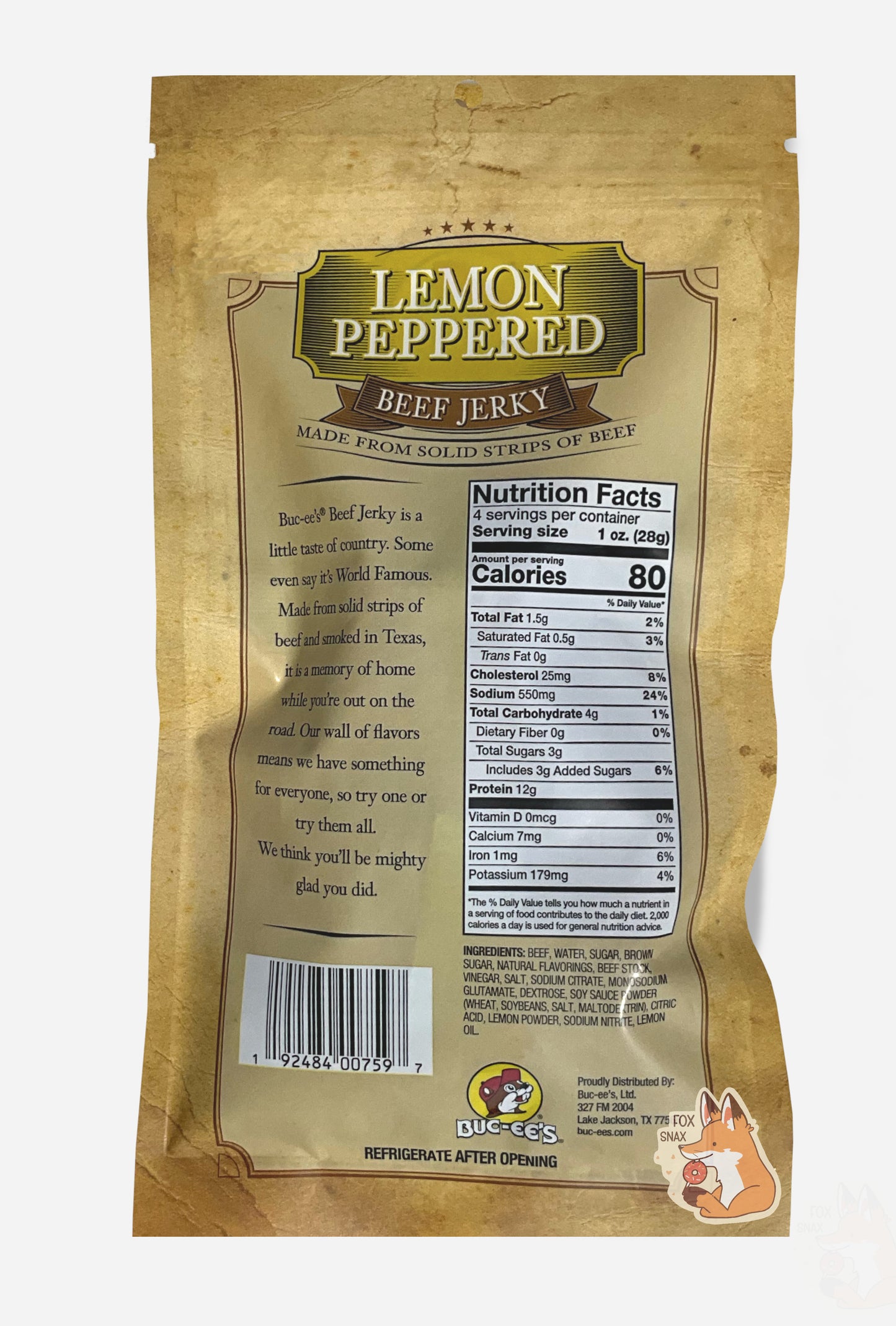 A picture of the back of a tan plastic bag of Buc-ee's Lemon Pepper Beef Jerky. The green label underneath reads 'Buc-ee's Beef Jerky is a little taste of country. Some even say it's World Famous. Made from solid strips of beef and smoked in Texas, it is a memory of home while you're out on the road. Our wall of flavors means we have something for everyone, so try one or try them all. We think you'll be mighty glad you did.'