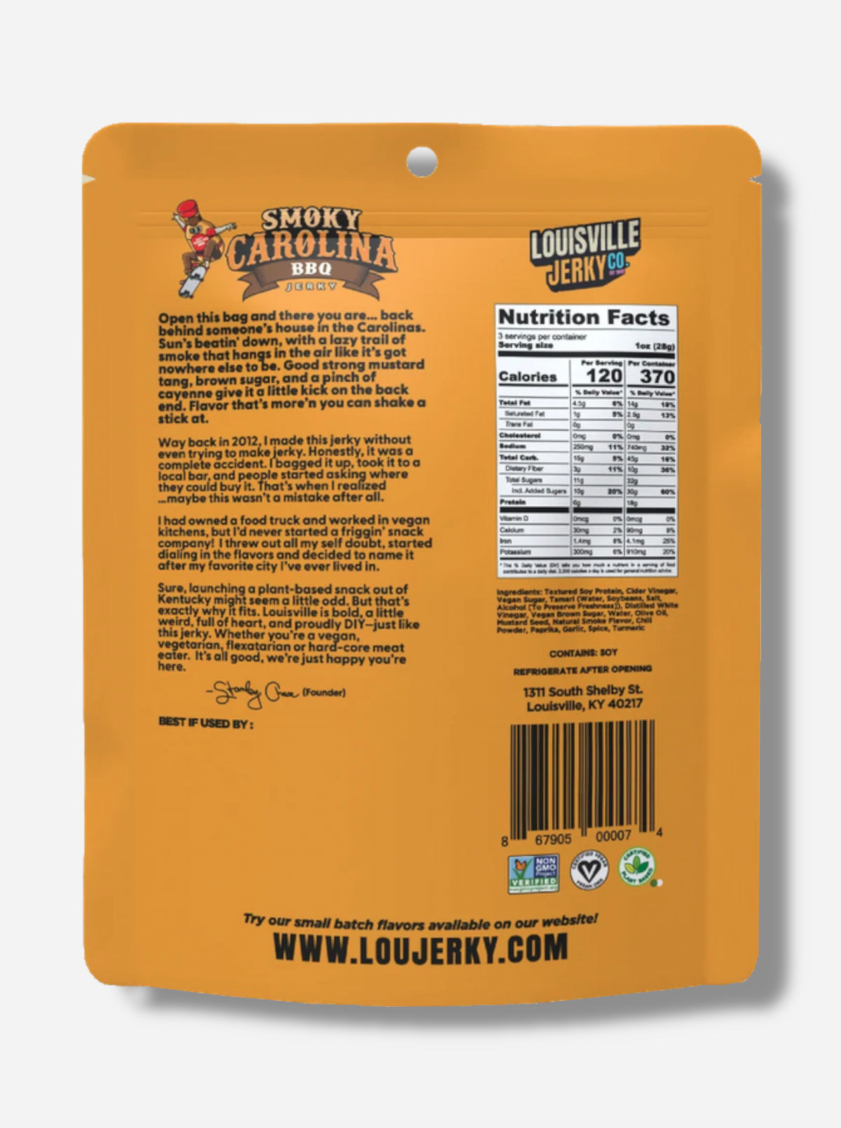 A picture of the back of an organge bag of Louisville Jerky Co. Sesame Jerky.
Ingredients, then nutrition facts are listed. At the bottom are three logos - Non GMO Project Certified, Certified Vegan, Certified Plant Based.