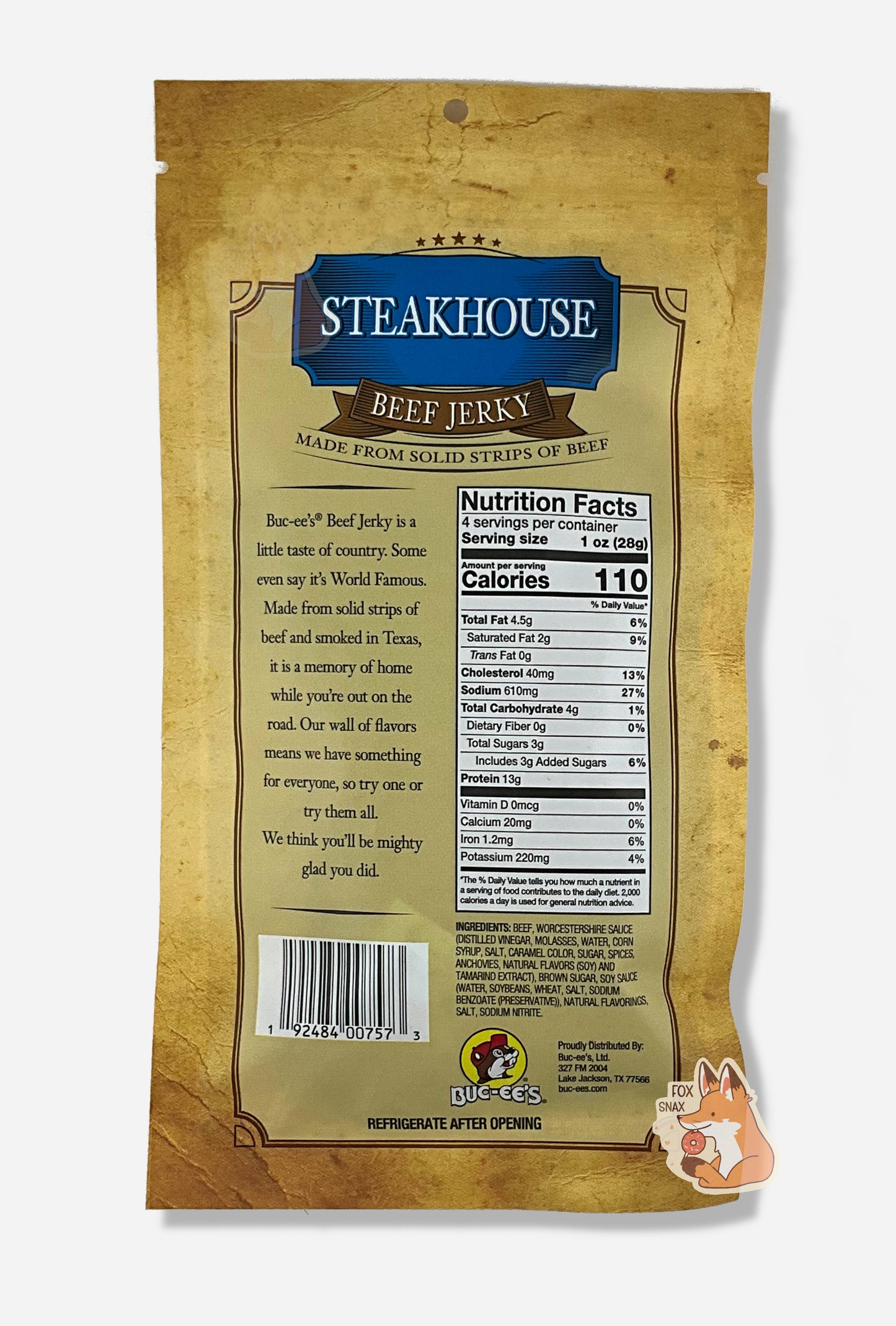 A picture of the back of a tan plastic bag of Buc-ee's Steakhouse Beef Jerky. The label underneath reads 'Buc-ee's Beef Jerky is a little taste of country. Some even say it's World Famous. Made from solid strips of beef and smoked in Texas, it is a memory of home while you're out on the road. Our wall of flavors means we have something for everyone, so try one or try them all. We think you'll be mighty glad you did.'