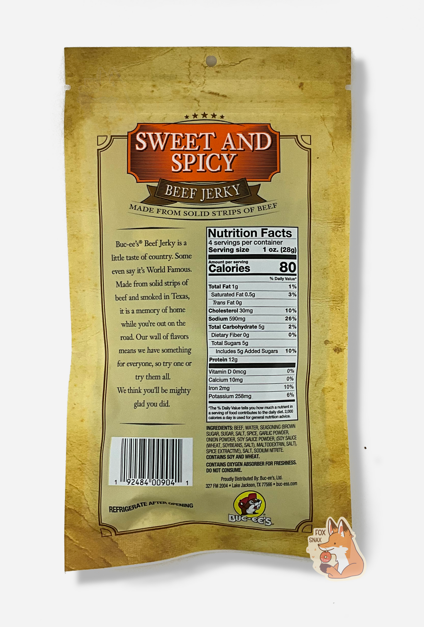 A picture of the back of a tan plastic bag of Buc-ee's Sweet And Spicy Beef Jerky. The label underneath reads 'Buc-ee's Beef Jerky is a little taste of country. Some even say it's World Famous. Made from solid strips of beef and smoked in Texas, it is a memory of home while you're out on the road. Our wall of flavors means we have something for everyone, so try one or try them all. We think you'll be mighty glad you did.'