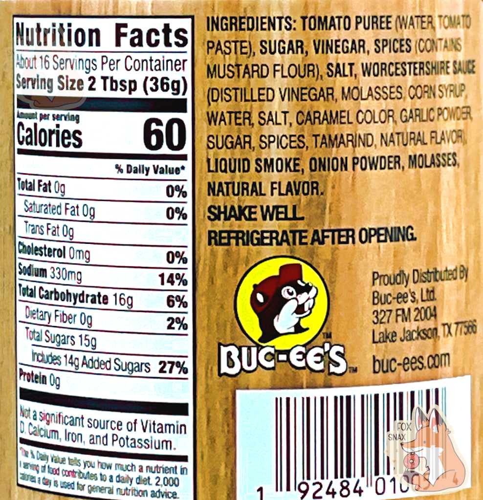 A closeup of the back of a plastic bottle of Buc-ee's Premium Recipe BBQ Sauce, Original. Nutrition facts, then ingredients, can be seen.