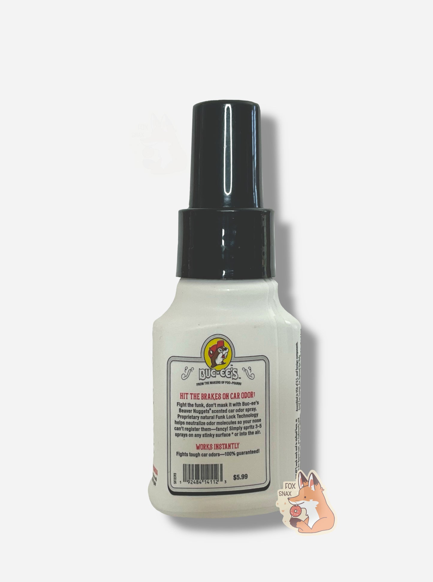Back of a white bottle of Buc-ee's car odor spray on a white background. The label reads HIT THE BRAKES ON CAR ODOR! Fight the funk, don't mask it with Buc-ee's Beaver Nuggets scented car odor spray. Proprietary natural Funk Lock Technology helps neutralize odor molecules so your nose can't register them - fancy! Simply spritz 3-5 sprays on any stinky surface or into the air.