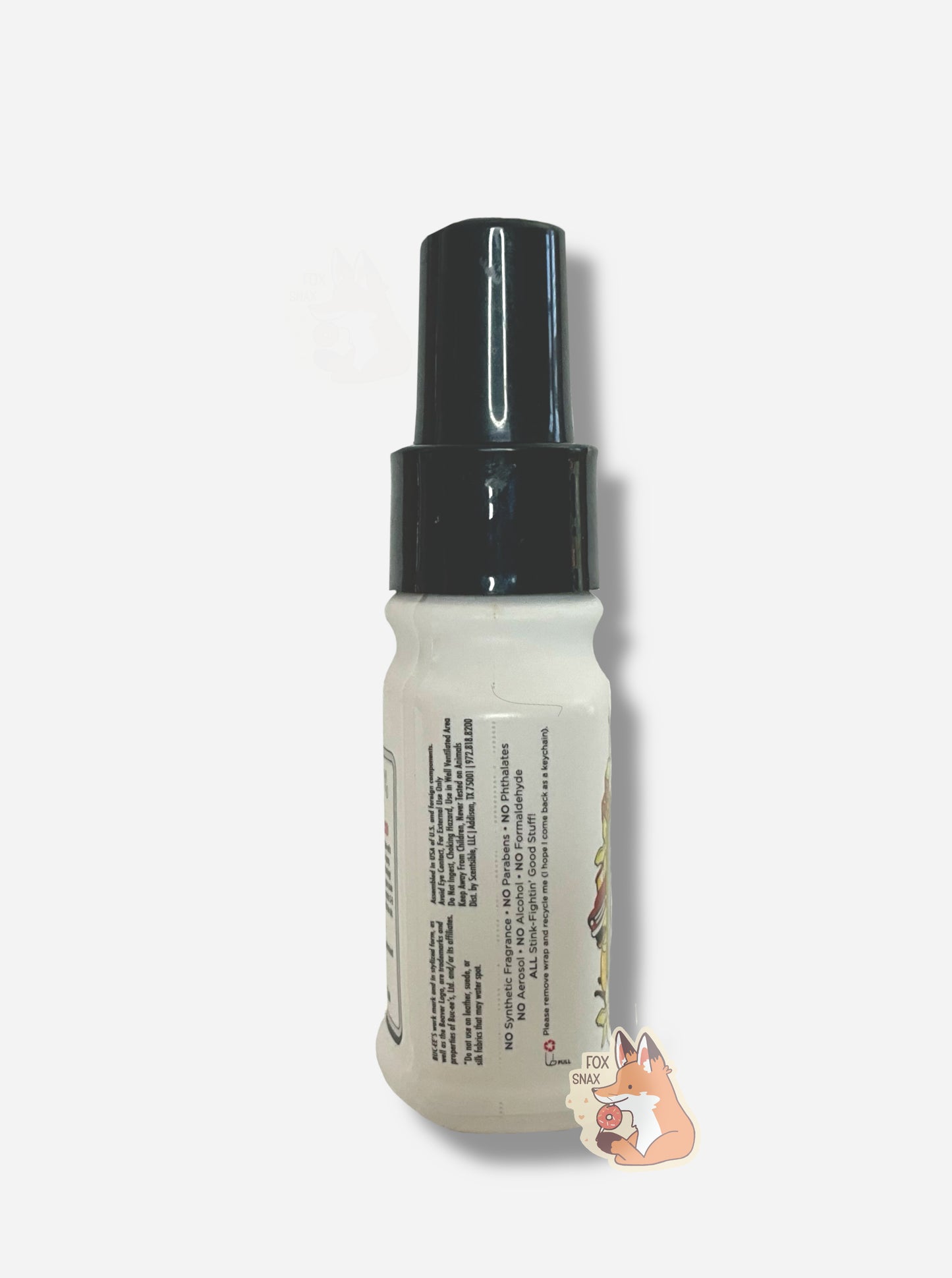 Left side of a white bottle of Buc-ee's car odor spray on a white background. The label reads: No synthetic fragrance, no parabens, no phthalates, no aerosol, no alcohol, no formaldehyde, all stink-fightin' good stuff!