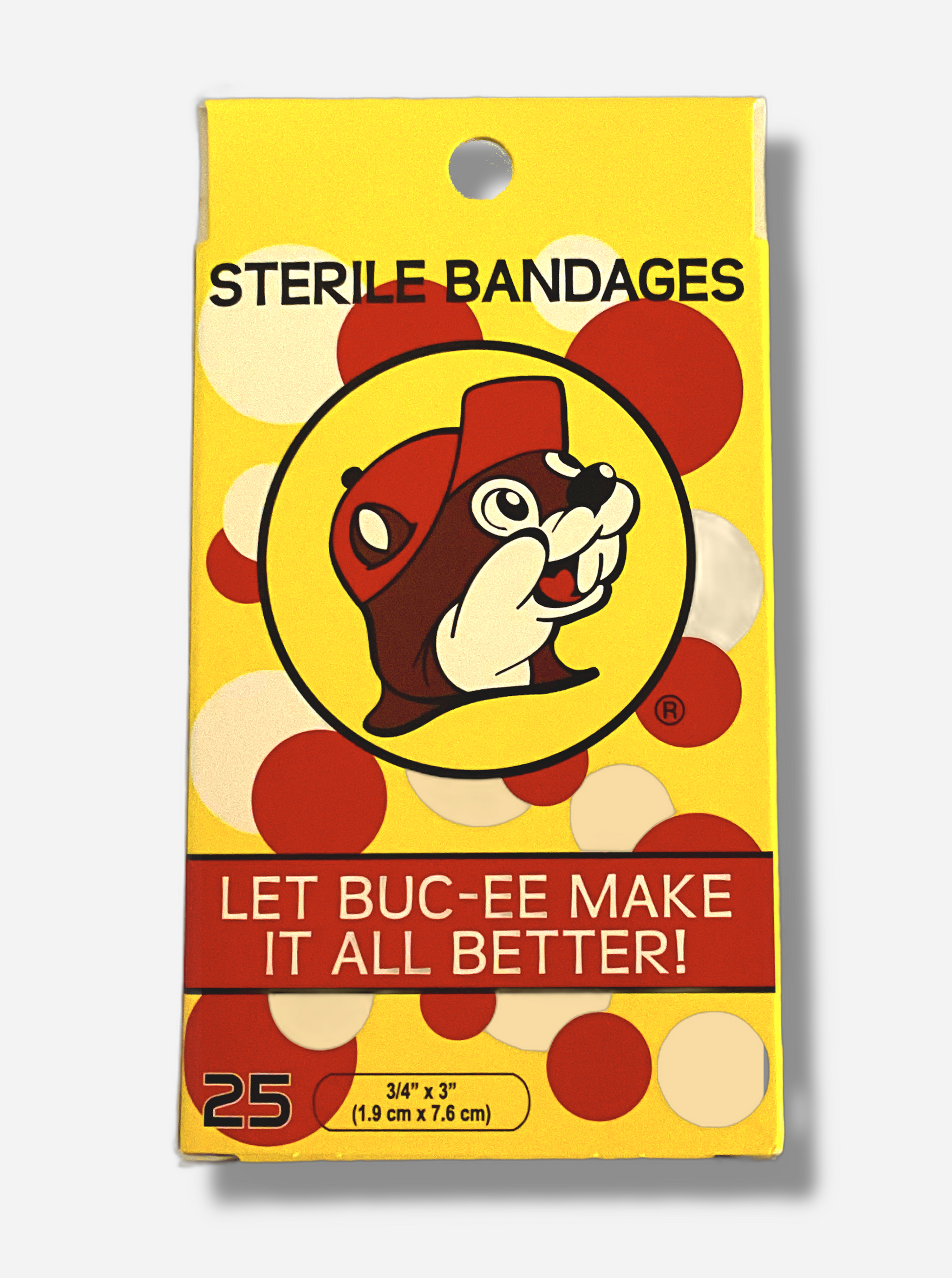 A picture of the back of a package of Buc-ee's Sterile Bandages.  The front of the package is spotted with red and white spots against a yellow background, and reads LET BUC-EE MAKE IT ALL BETTER!  25 bandages, 3/4" x 3" inches.  The Buc-ee's logo - a jolly beaver with a red hat - is prominently displayed on the back.