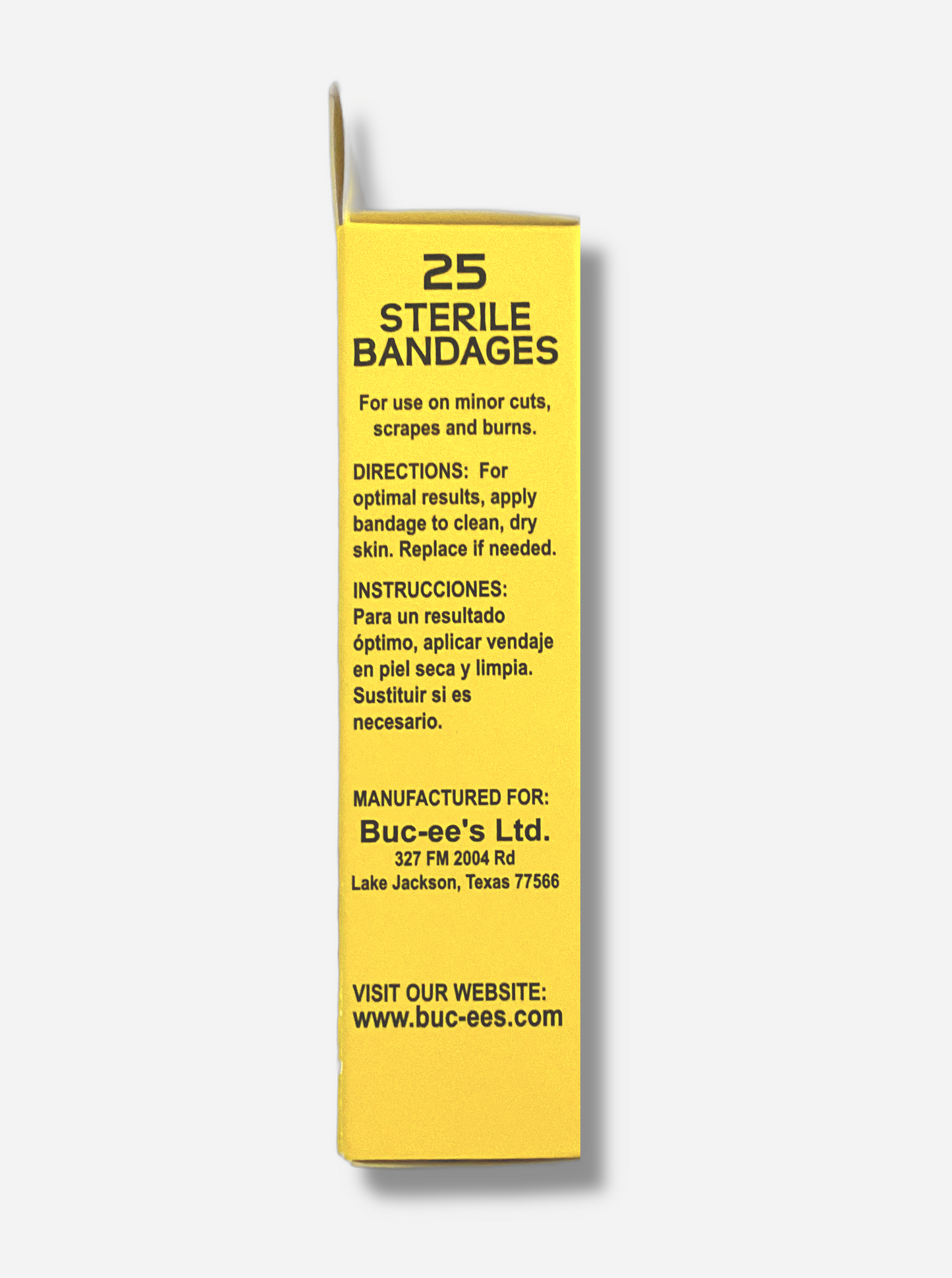 A picture of the side of a package of bandages. It reads "25 Sterile Bandages". For use on minor cuts, scrapes and burns. Directions: For optimal results, apply bandage to clean, dry skin. Replace if needed.