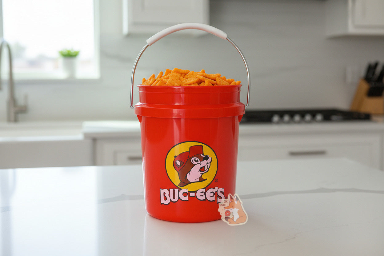 A small, bright red, miniature bucket. The bucket has the Buc-ee's logo on it - a cheerful beaver wearing a red hat, framed by a yellow circle. The words BUC-EE'S are underneath the logo in white. A metal handle, partially coated in white plastic, is attached to the top of the bucket. The bucket is filled with cheesy orange crackers, and sits on a white and grey marble counter in a pretty kitchen. In the background, white kitchen cabinets, a stove, sink, and knife block can be seen.