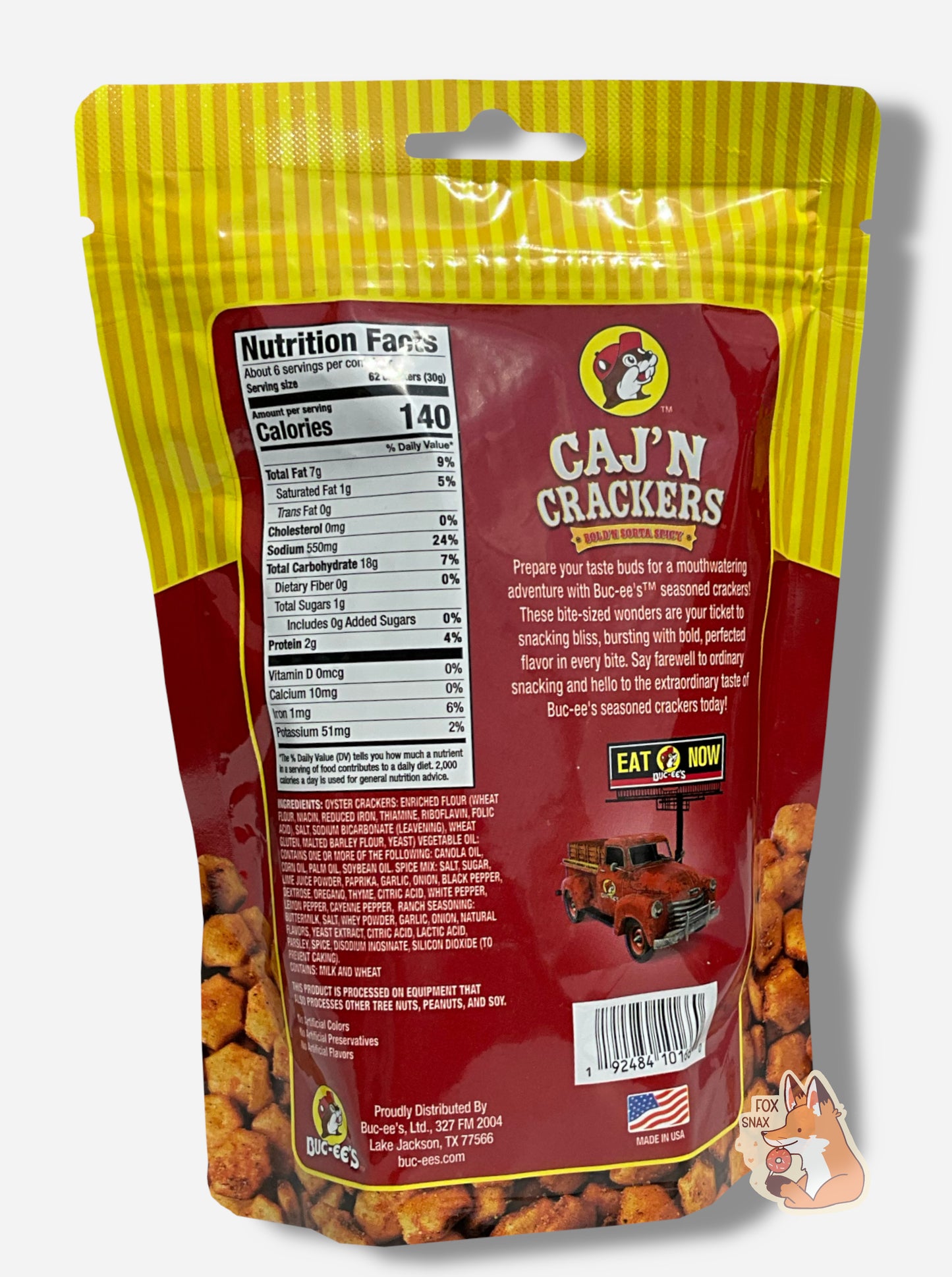 A picture of a the back of a metallic bag of Buc-ee's Caj'N Crackers. It reads "Prepare your taste buds for a mouthwatering adventure with Buc-ee's TM seasoned crackers! These bite-sized wonders are your ticket to snacking bliss, bursting with bold, perfected flavor in every bite. Say farewell to ordinary snacking and hello to the extraordinary taste of Buc-ee's seasoned crackers today!"