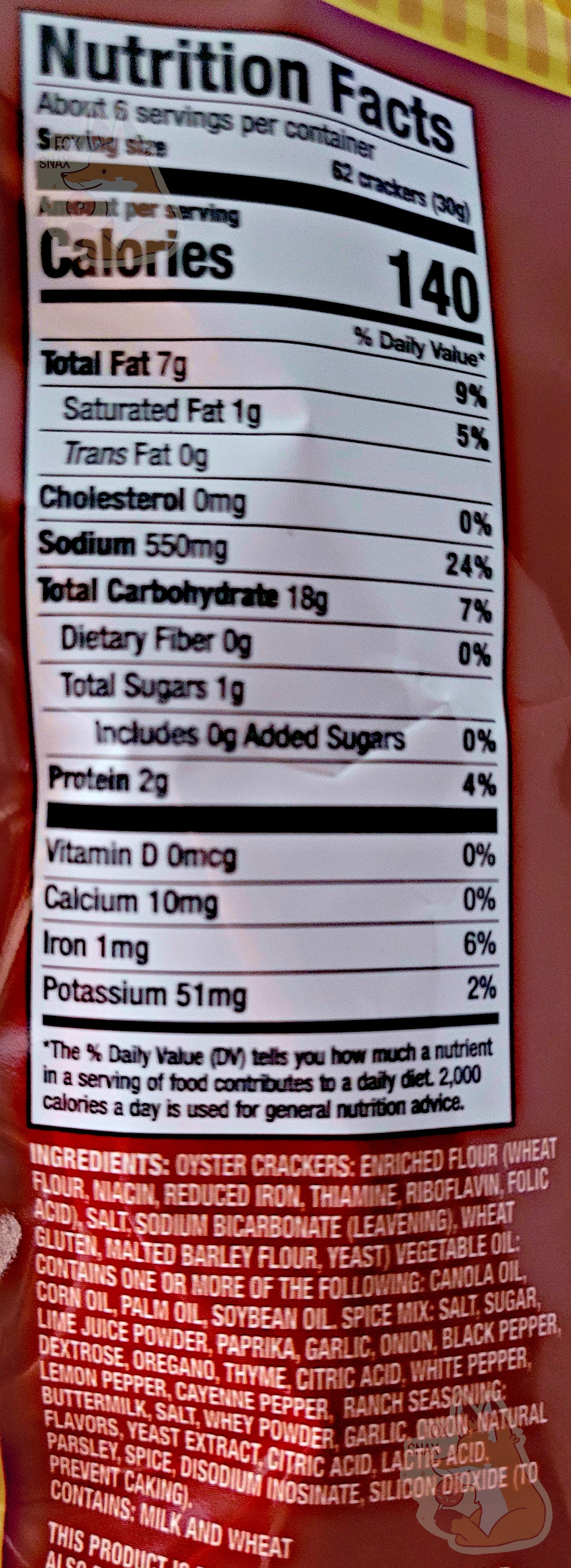 The back of a bag of Buc-ee's Caj'n Crackers. Nutrition facts are listed, then ingredients.