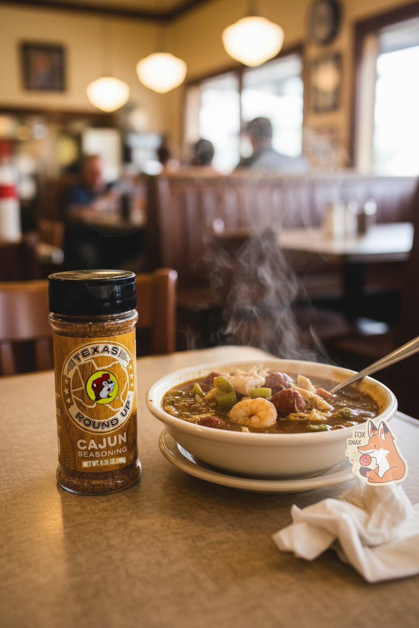 A picture of the front of a container of Texas Round Up Cajun Seasoning. The container has a black plastic flip lid, and a clear plastic body. The spices inside orange and black. The label reads TEXAS ROUND UP, with an outline of the state of Texas, with a picture of Buc-ee The Beaver in the middle. The container is sitting next to a white bowl full of gumbo, with steam rising from the gumbo. A metal spoon is in the gumbo, next to a crumpled white napkin. An old style restaurant frames the background.