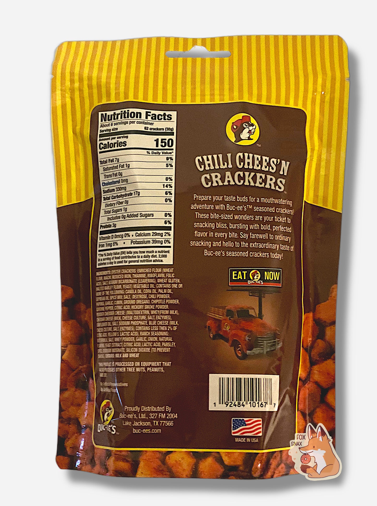 A picture of a the back of a metallic bag of Buc-ee's Chili Cheese'N Crackers. It reads "Prepare your taste buds for a mouthwatering adventure with Buc-ee's TM seasoned crackers! These bite-sized wonders are your ticket to snacking bliss, bursting with bold, perfected flavor in every bite. Say farewell to ordinary snacking and hello to the extraordinary taste of Buc-ee's seasoned crackers today!