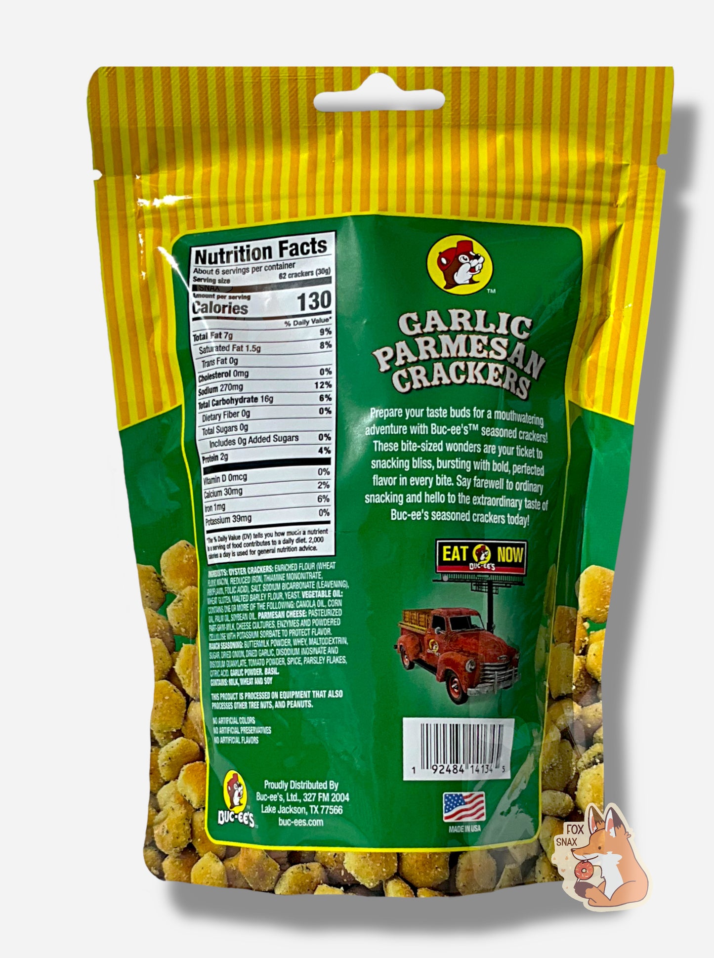 A picture of a the back of a metallic bag of Buc-ee's Garlic Parmesan Crackers. It reads "Prepare your taste buds for a mouthwatering adventure with Buc-ee's TM seasoned crackers! These bite-sized wonders are your ticket to snacking bliss, bursting with bold, perfected flavor in every bite. Say farewell to ordinary snacking and hello to the extraordinary taste of Buc-ee's seasoned crackers today!"