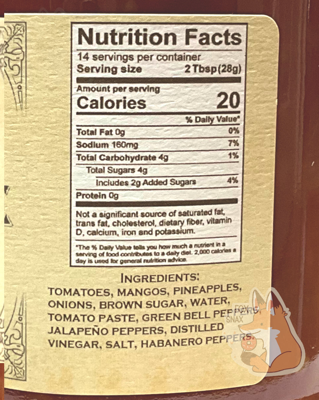 Nutrition facts label on the Picked Habanero Garlic. It reads: NUTRITION FACTS. 14 SERVINGS PER CONTAINER. SERVING SIZE 2 TBSP (28 g). CALORIES 20. TOTAL FAT 0%. SODIUM 7%. TOTAL CARBOHYDRATE 1% TOTAL SUGARS 4g INCLUDES 2G ADDED SUGARS 4% PROTEIN 0G. NOT A SIGNIFICANT SOURCE OF SATURATED FAT, TRANS FAT, CHOLESTEROL, DIETARY FIBER, VITAMIN D, CALCIUM, IRON, AND POTASSIUM. An ingredient list is also displayed.