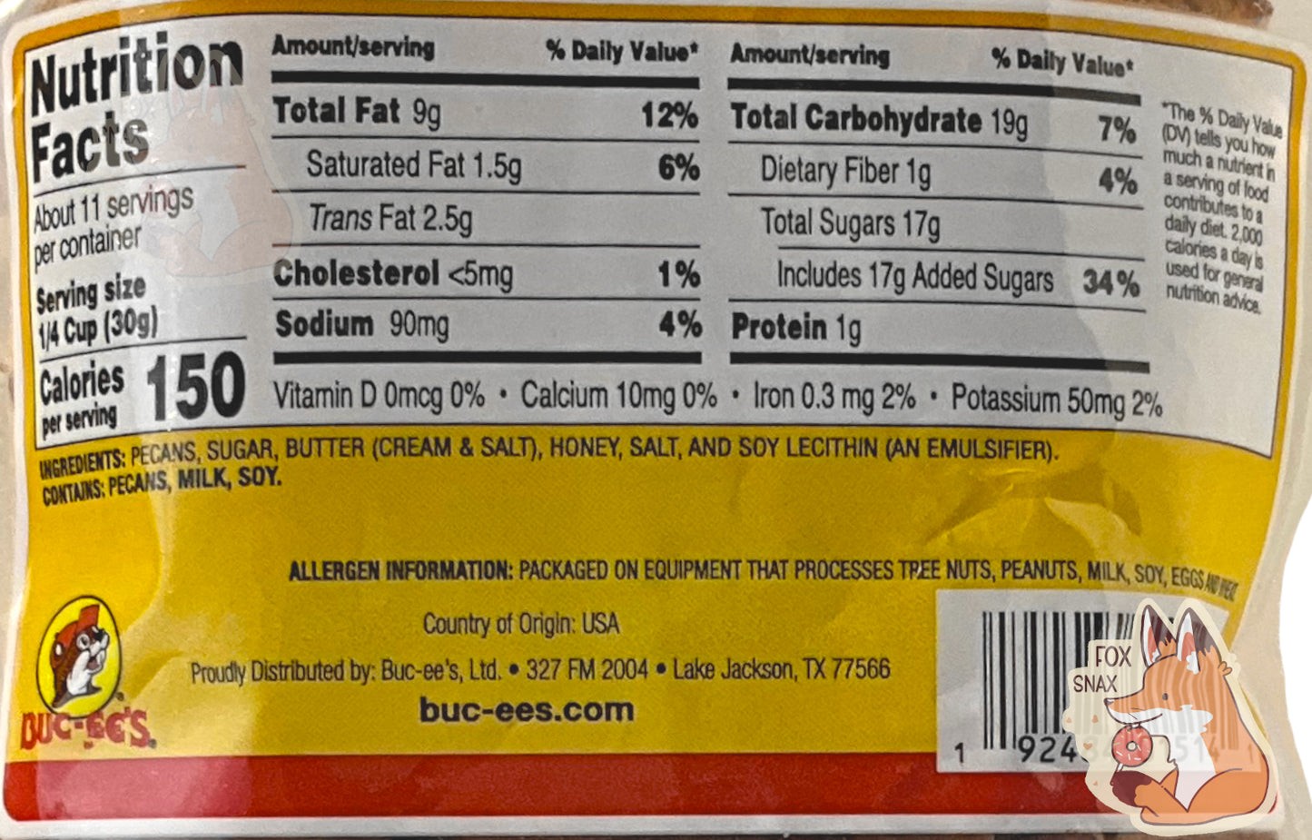 A closeup of the back of a bag of Buc-ee's Honey Toasted Pecans. Nutrition facts are listed below, then ingredients.