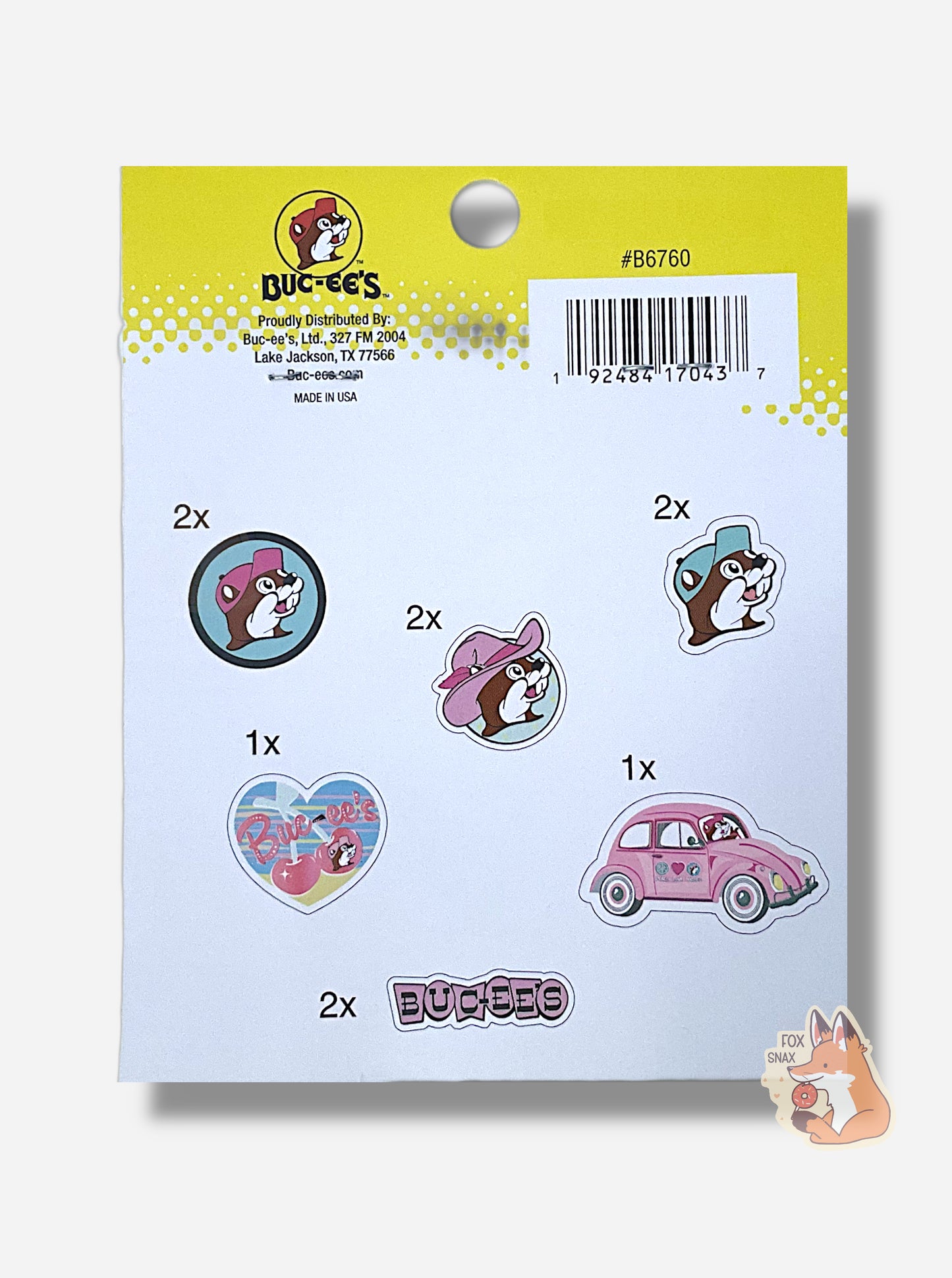 A picture of the front of Buc-ee's Nugget And Drink Sticker Pack. The cardboard label indicates there are 12 stickers inside:
(2) Buc-ee's logo stickers
(2) Buc-ee's logo stickers with cowboy hat
(2) Giant Buc-ee Head stickers
(1) Heart Sticker
(1) Retro Buc-ee's logo Sticker
(2) Pink VW Bug Stickers