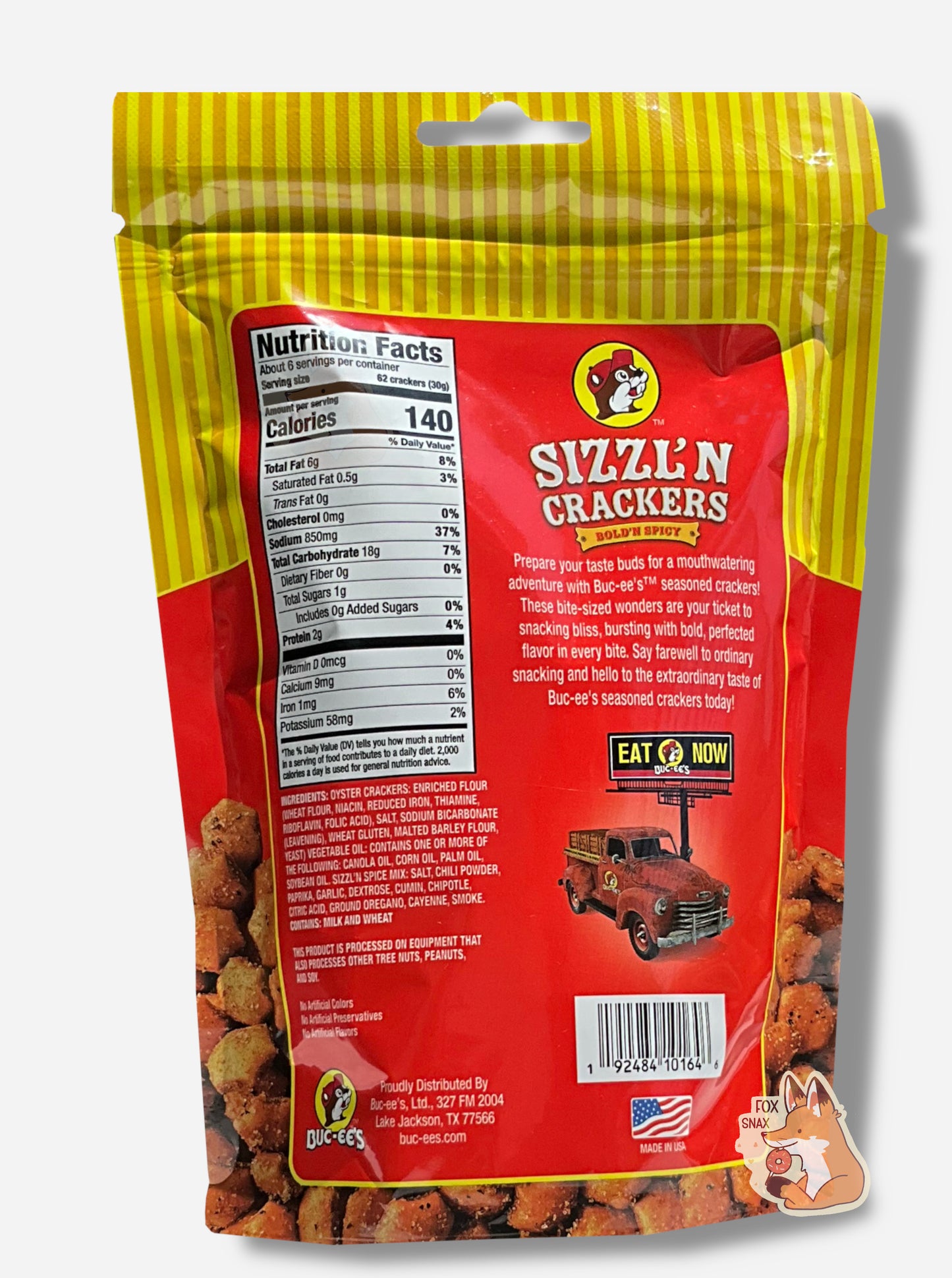A picture of a the back of a metallic bag of Buc-ee's Sizzl'n Crackers. It reads "Prepare your taste buds for a mouthwatering adventure with Buc-ee's TM seasoned crackers! These bite-sized wonders are your ticket to snacking bliss, bursting with bold, perfected flavor in every bite. Say farewell to ordinary snacking and hello to the extraordinary taste of Buc-ee's seasoned crackers today!"