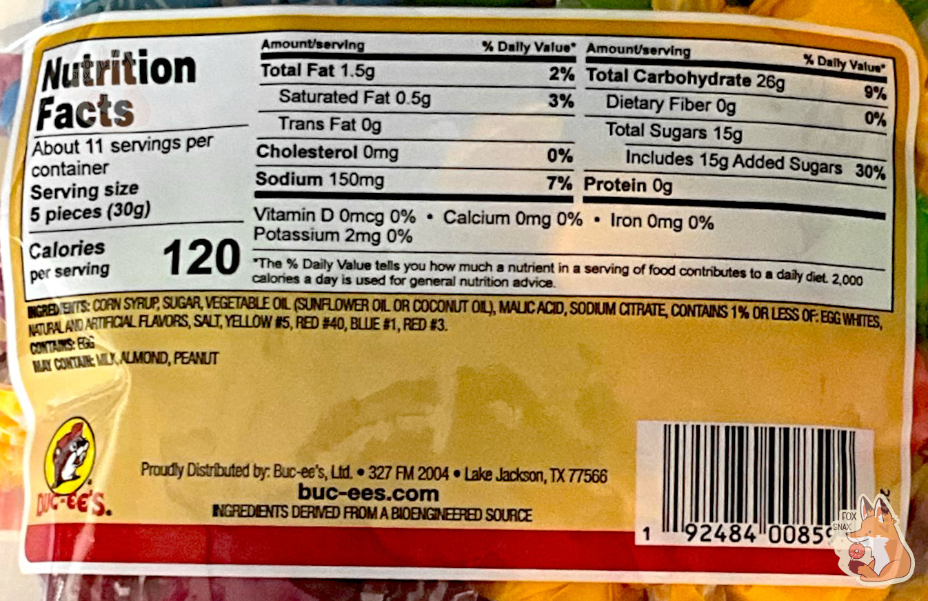 A closeup of the back of a plastic bag of Buc-ee's Sour Salt Water Taffy. Nutrition facts and ingredients can be seen.
