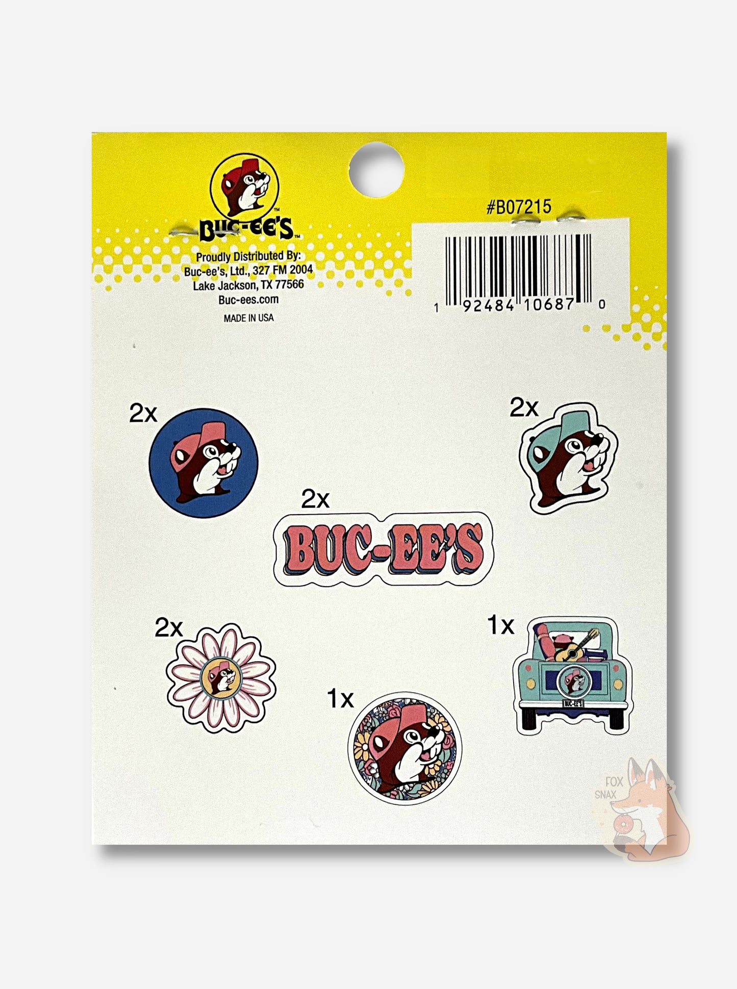A picture of the back of Buc-ee's Sticker Pack, "Stick them on everything, even the kitchen sink". The label indicates there are 10 peel & stick decals in the clear plastic bag.