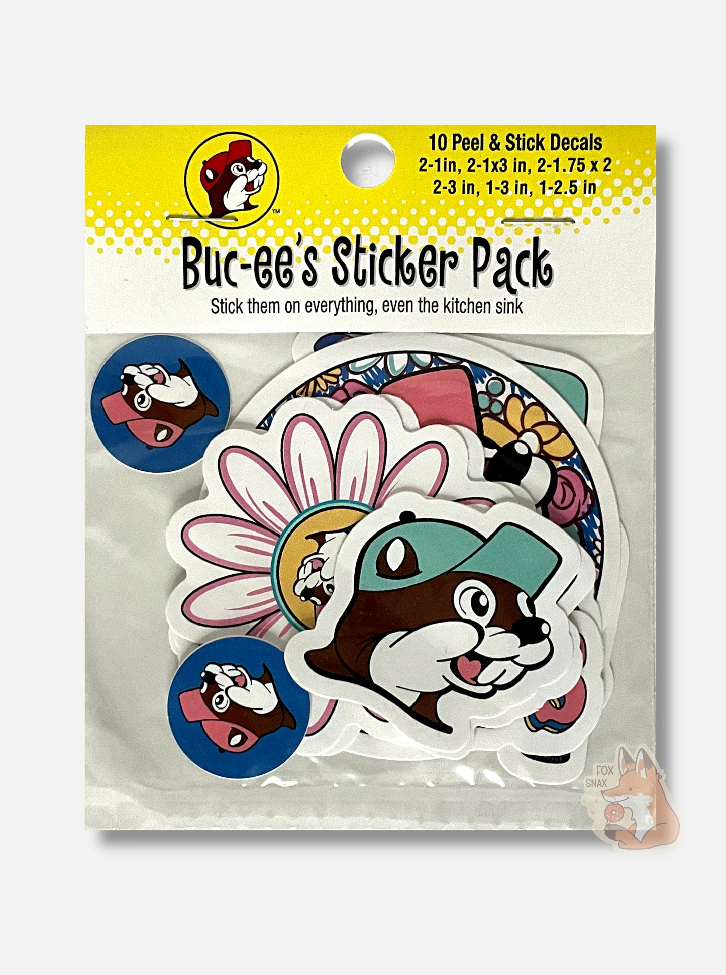 A picture of the front of Buc-ee's Sticker Pack, "Stick them on everything, even the kitchen sink". The label indicates there are 10 peel & stick decals in the clear plastic bag.