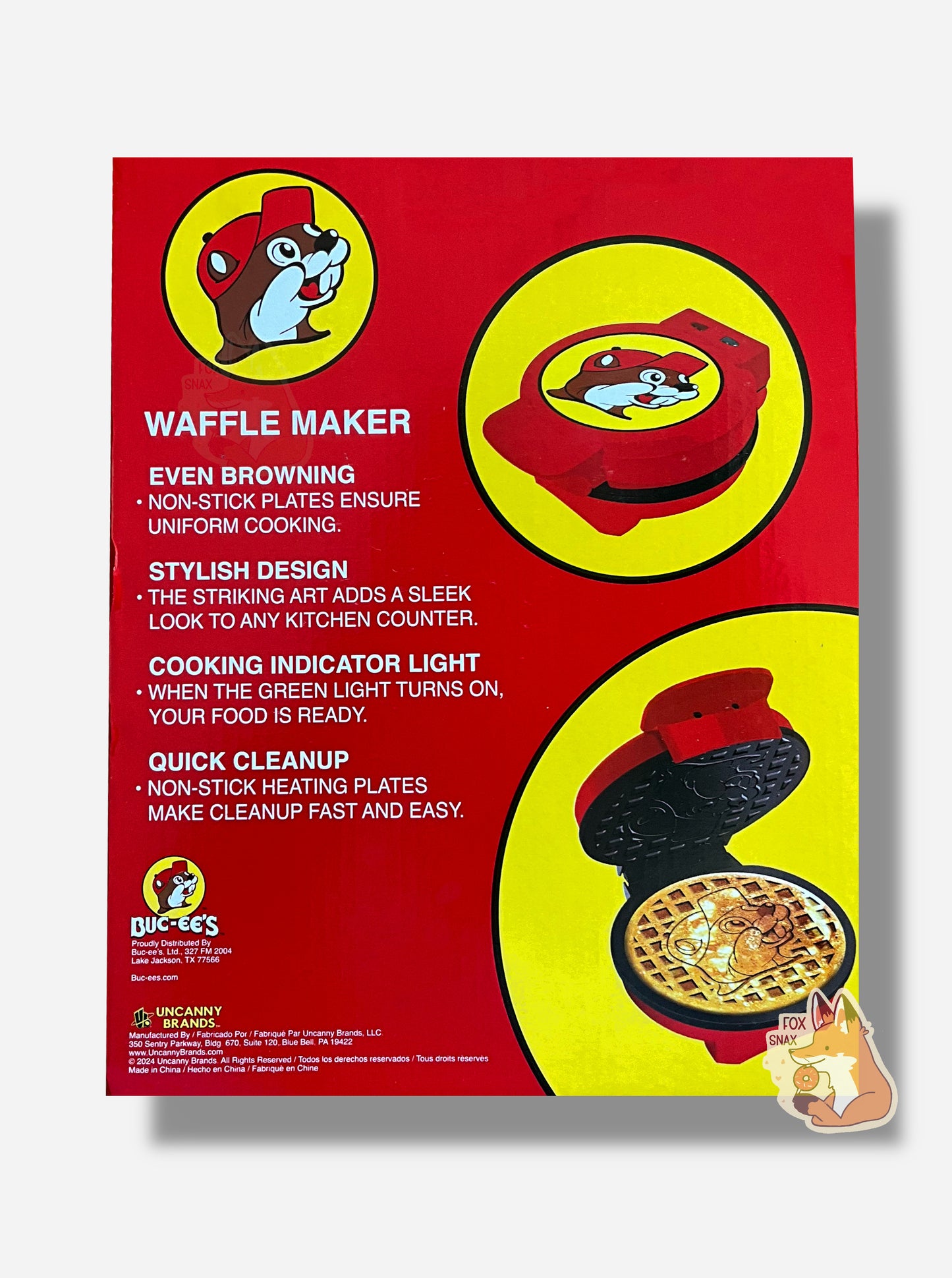 A picture of the back of a rectangular box containing one Buc-ee's Waffle Maker. The box reads: EVEN BROWNING: NON-STICK PLATES ENSURE UNIFORM COOKING. STYLISH DESIGN: THE STRIKING ART ADDS A SLEEK LOOK TO ANY KITCHEN COUNTER. COOKING INDICATOR LIGHT: WHEN THE GREEN LIGHT TURNS ON, YOUR FOOD IS READY. QUICK CLEANUP: NON-STICK HEATING PLATES MAKE CLEANUP FAST AND EASY. A red plastic circular waffle maker with the Buc-ee's logo on the face can be seen in upper right, the open maker in lower right.