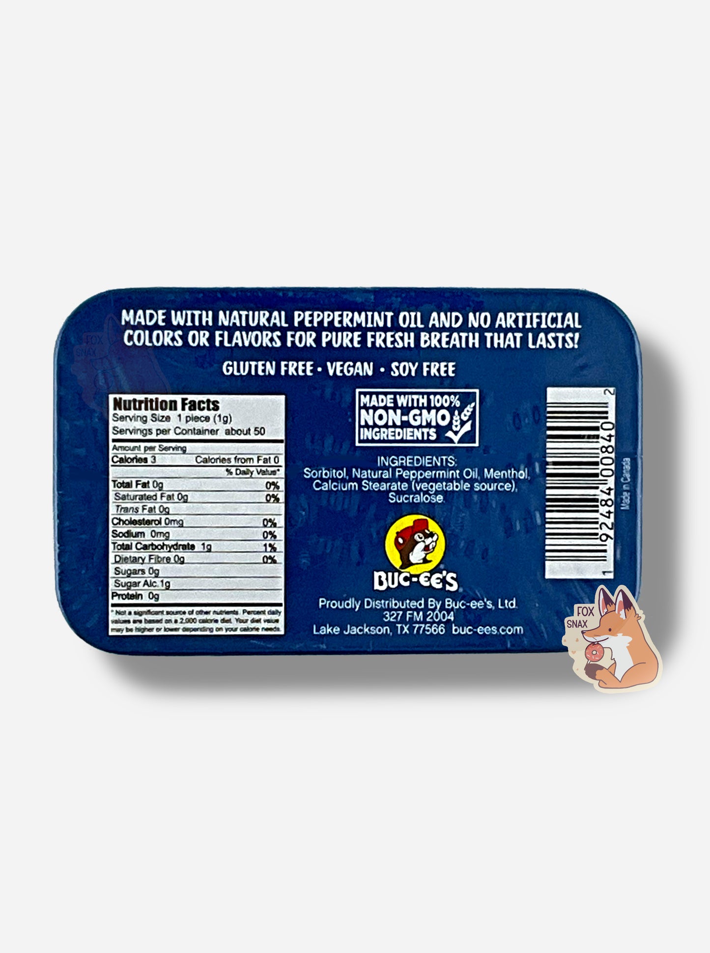 A picture of a back of a tin of Buc-ees Peppermint Mints. The back cover is decorated with a small picture of Buc-ee The Beaver, and has the following text: Made With Natural Peppermint Oil And No Artificial Colors Or Flavors For Pure Fresh Breath That Lasts!, Gluten Free, Vegan, Soy Free, made with 100% Non-GMO Ingredients.