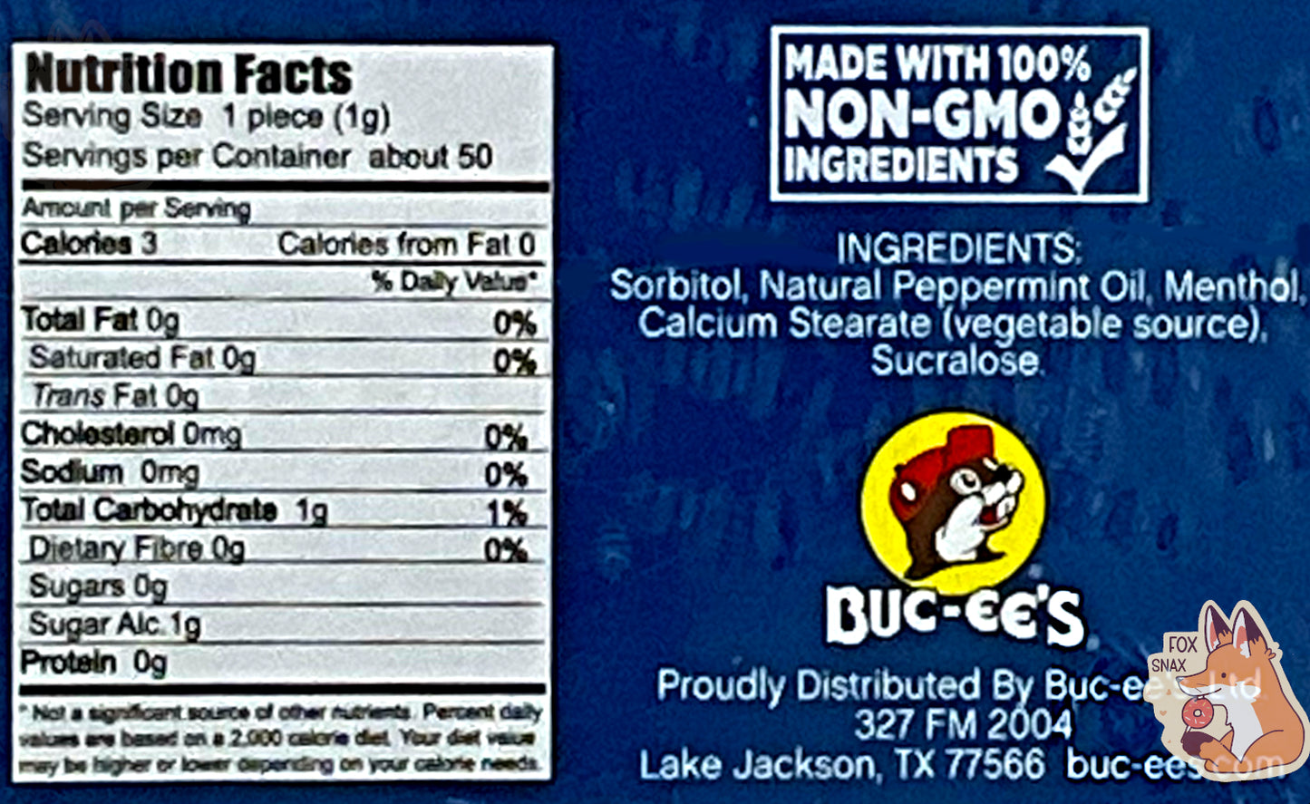 A picture of a closeup of the back of a tin of Buc-ees Peppermint Mints. Nutrition facts, and ingredients can be seen.